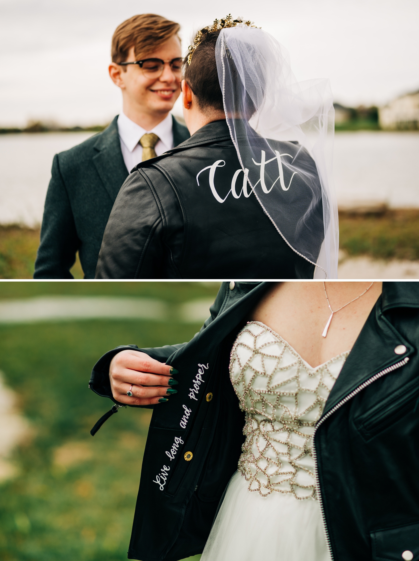 Bride in a custom leather jacket
