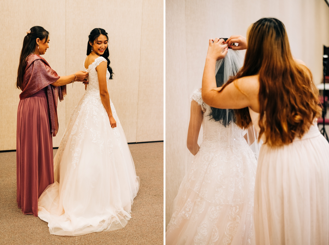Mom helping her daughter get into her ballgown wedding dress