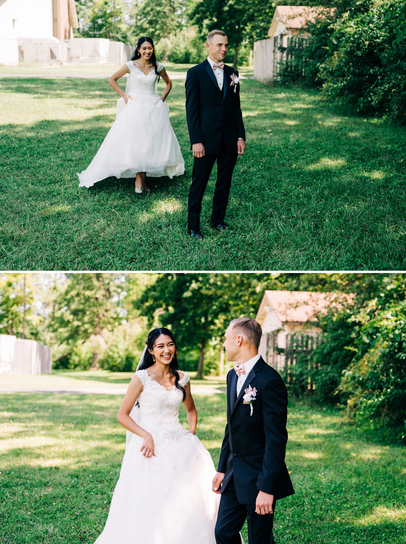 Bride and groom first look for their summer wedding