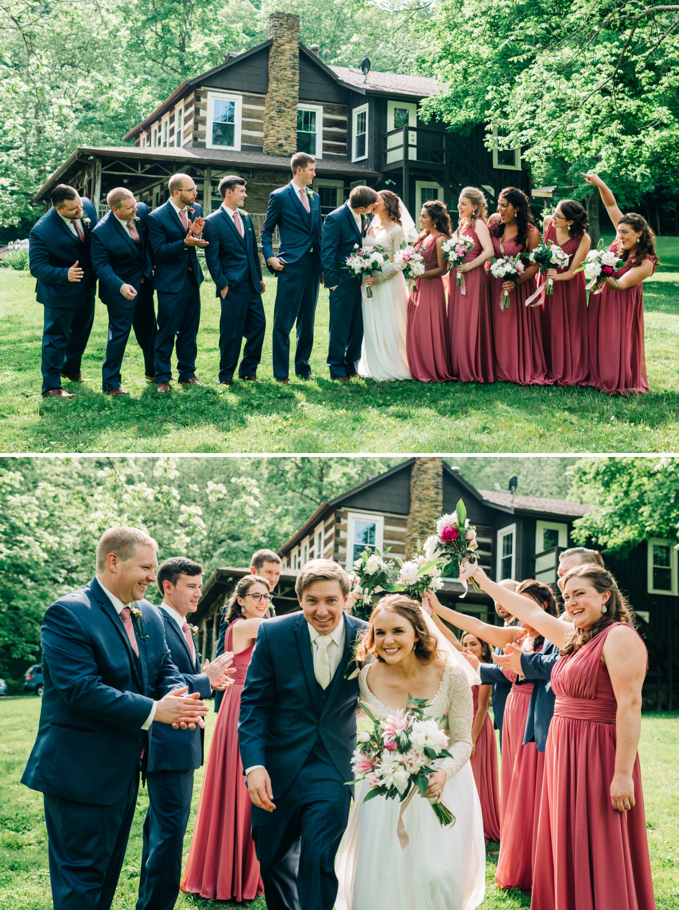 Bridal party in blue suits and dusty rose dresses