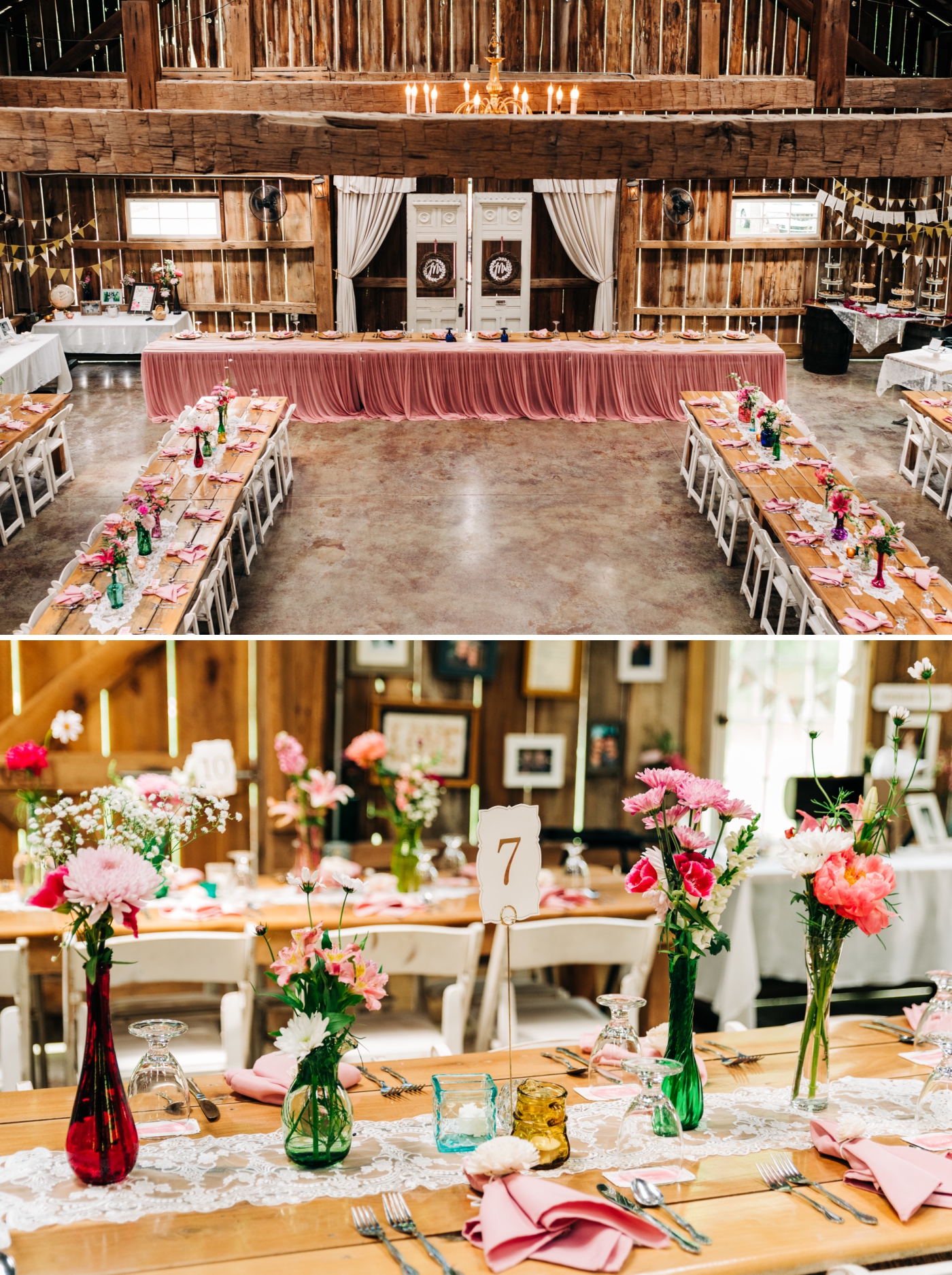 Indoor wedding reception at The Old Barn at Brown County