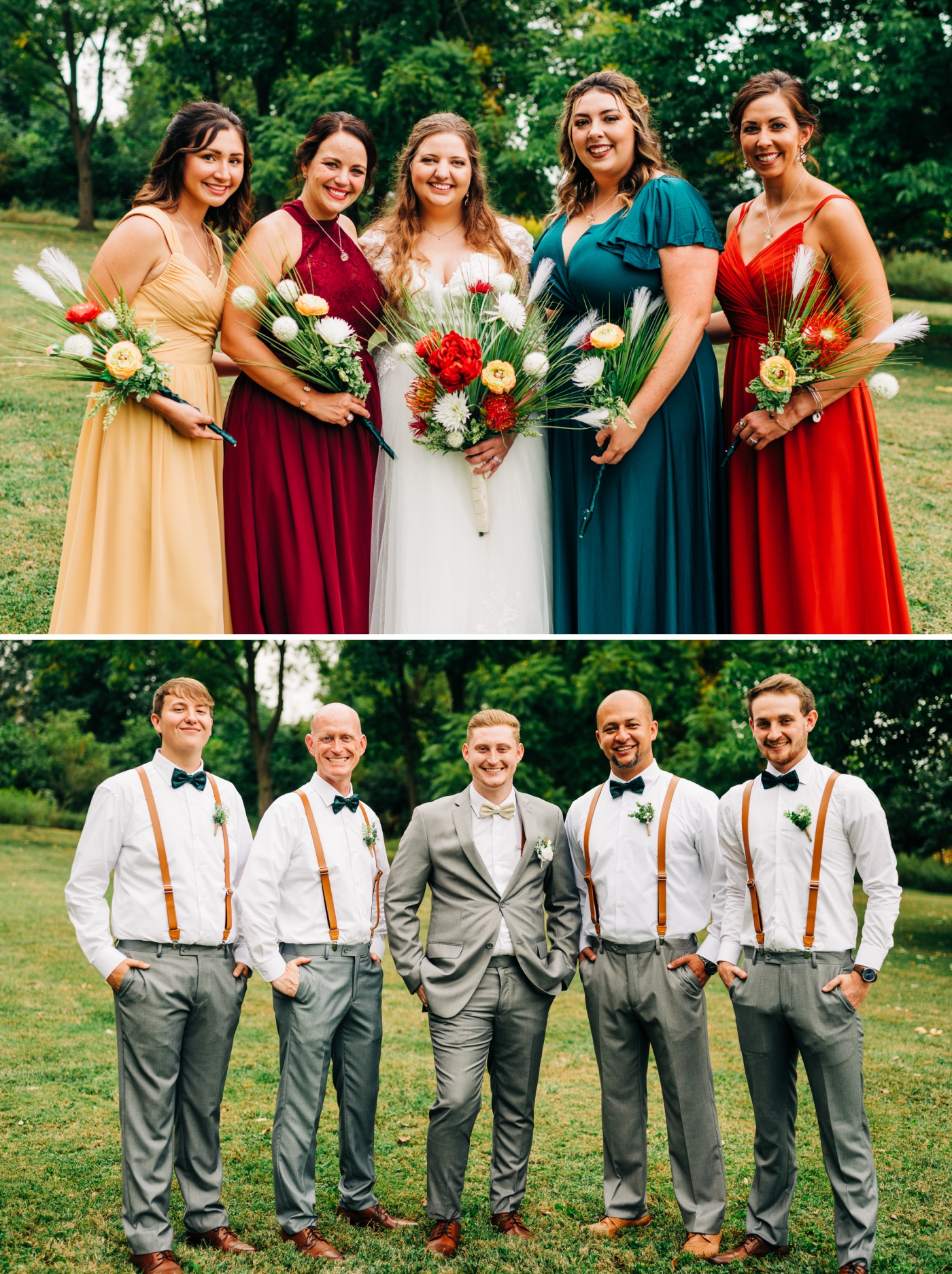 Bridesmaids in gold, red and blue chiffon dresses