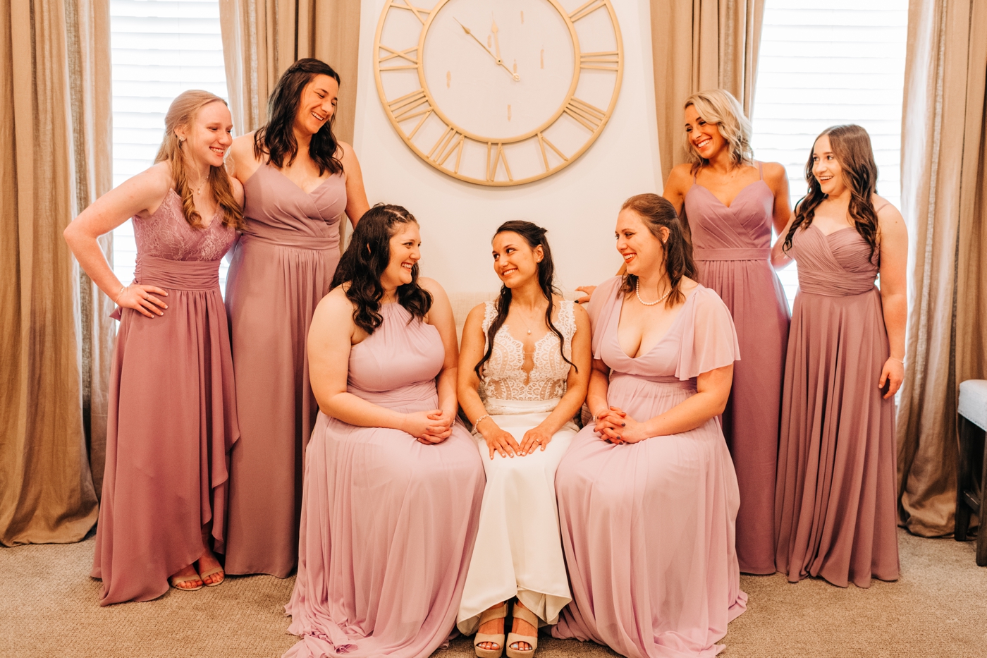 Bridesmaids in lavender chiffon dresses