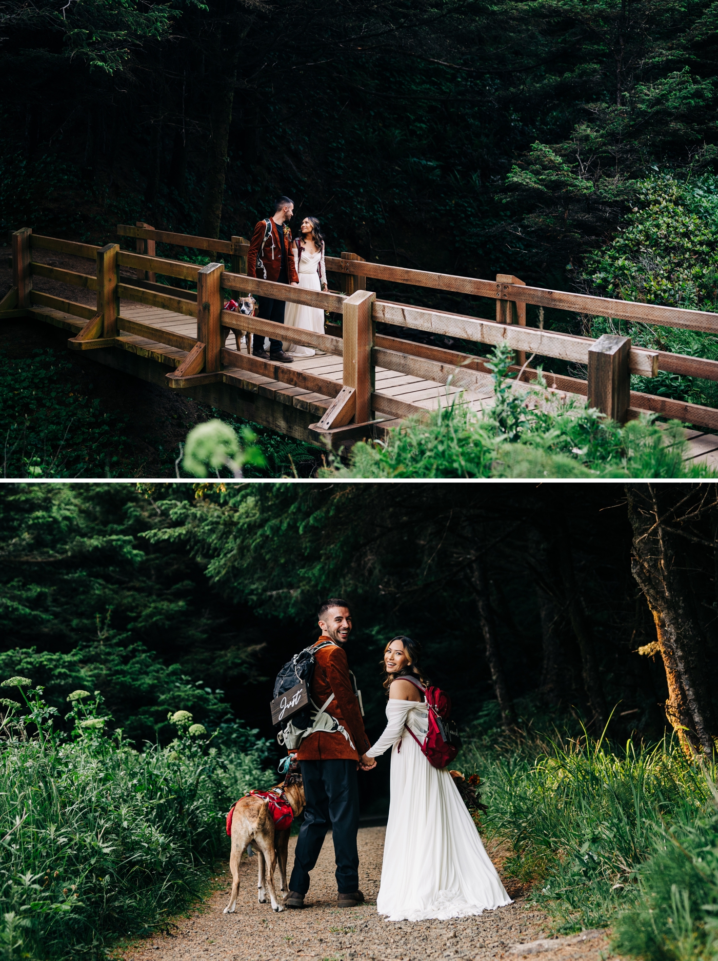 Bride and groom hiking for their elopement at Ecola State Park