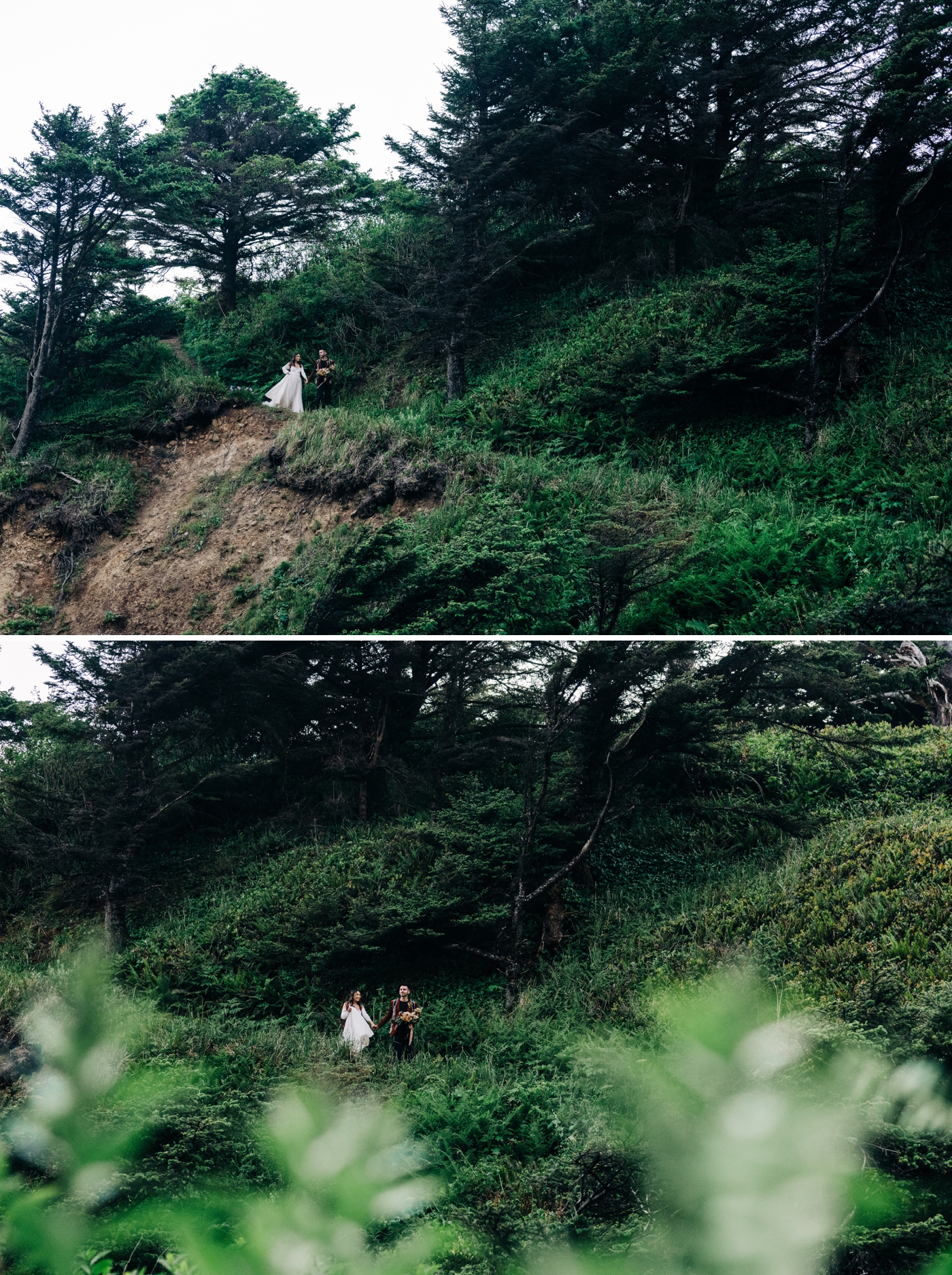 Bride and groom hiking for their elopement at Ecola State Park