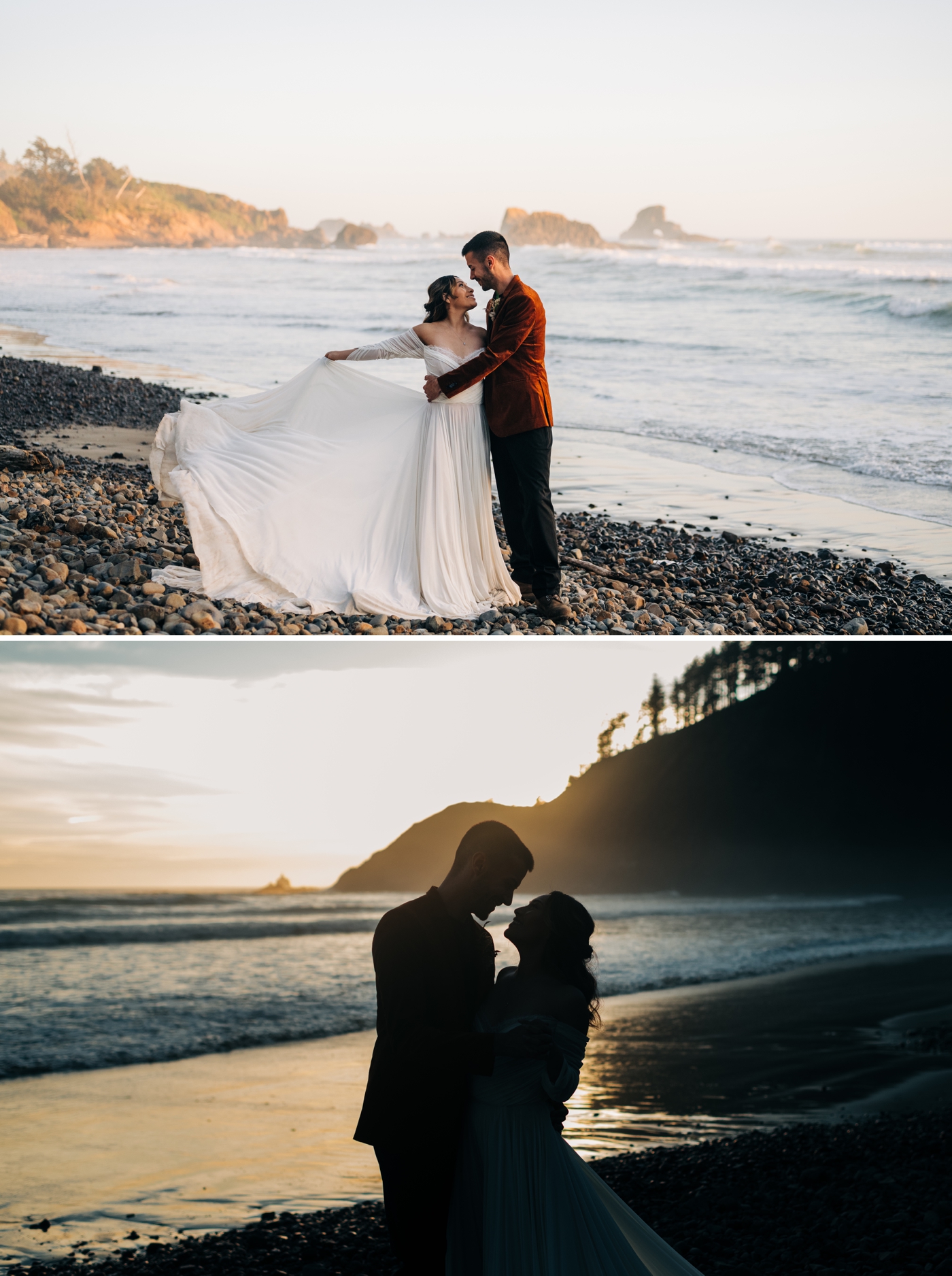 Sunset bride and groom portraits on the rocks at Ecola State Park
