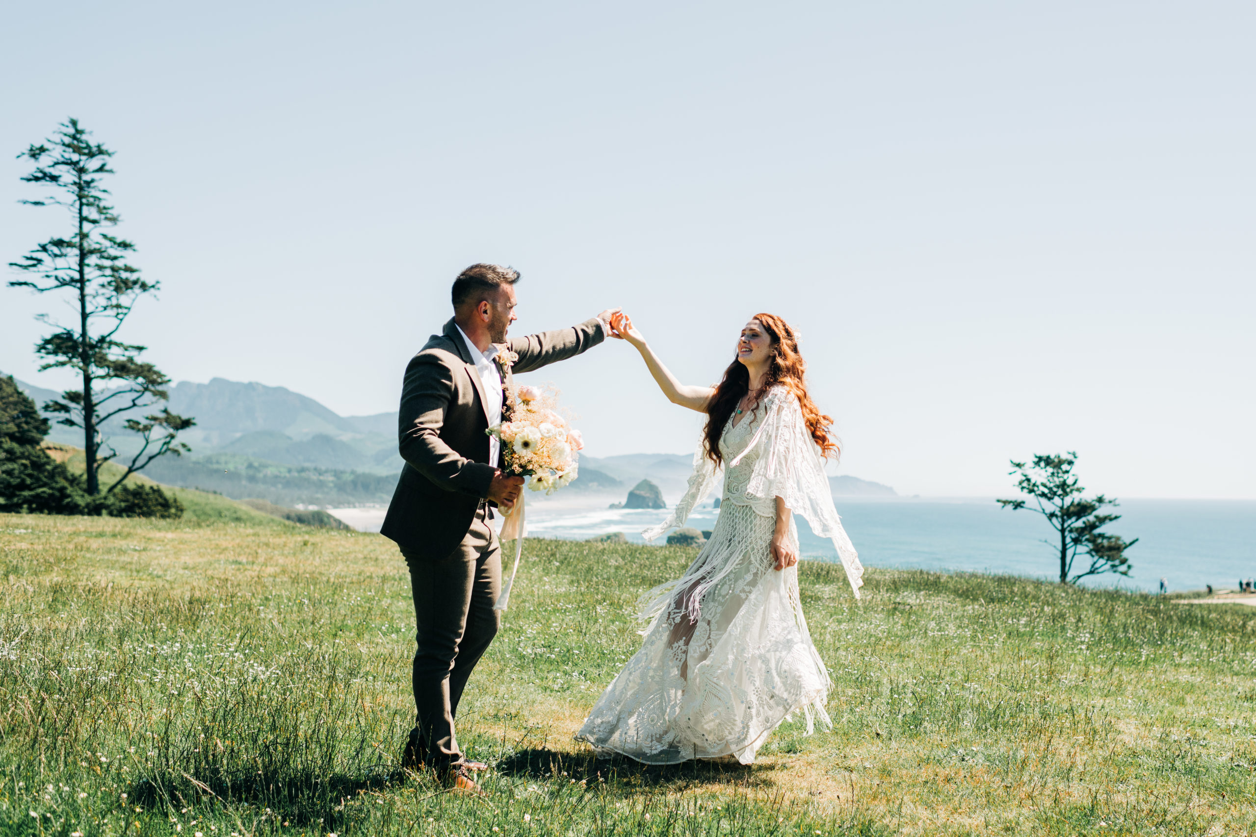 Bride and groom portraits at Ecola State Park
