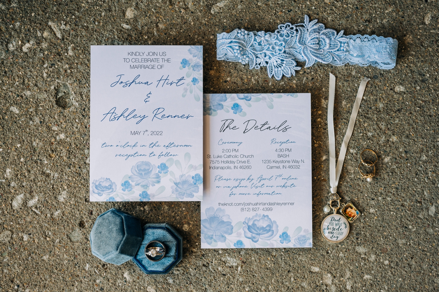 Blue and white wedding day details