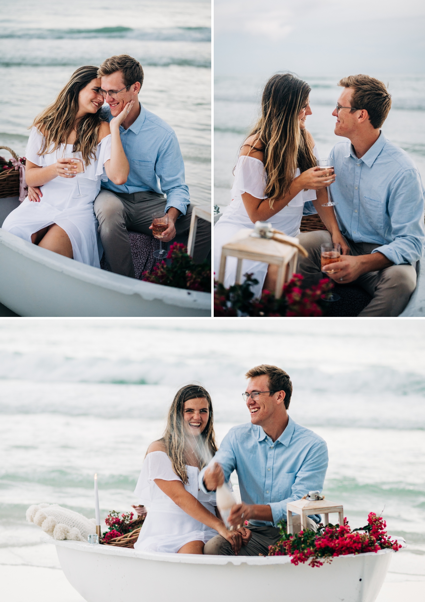 Bride and groom popping champagne during styled engagement shoot in Florida