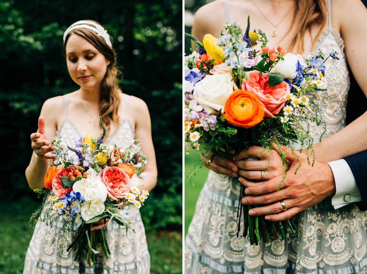 Bride holding a colorful bridal bouquet with wild flowers