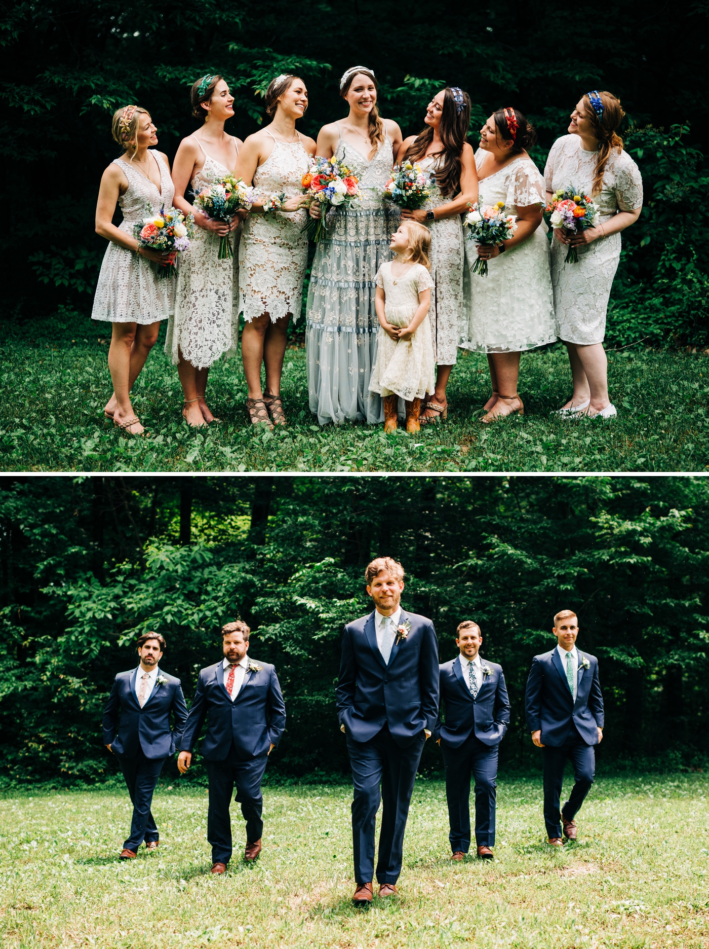 Bridal party portraits, with the bridesmaids in white lace dresses