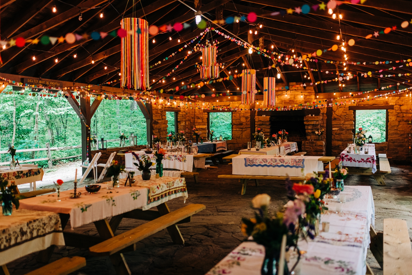 Colorful vintage wedding decor for wedding at Brown County State Park