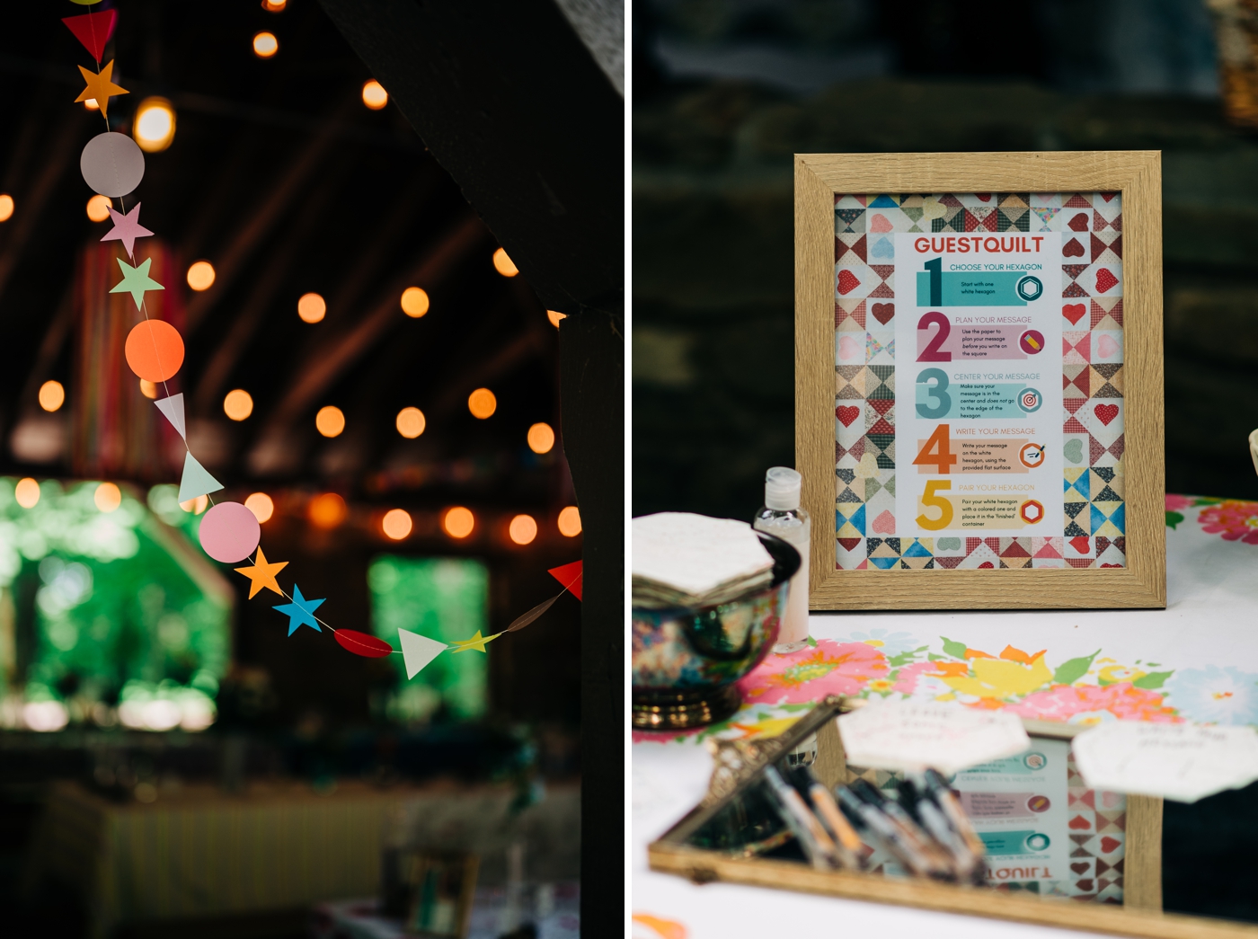 Colorful vintage wedding decor for wedding at Brown County State Park