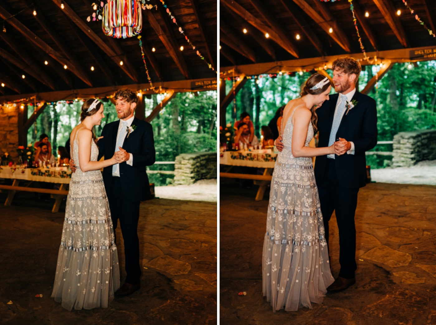 Bride and groom first dance at Rustic wedding decor for wedding at Brown County State Park
