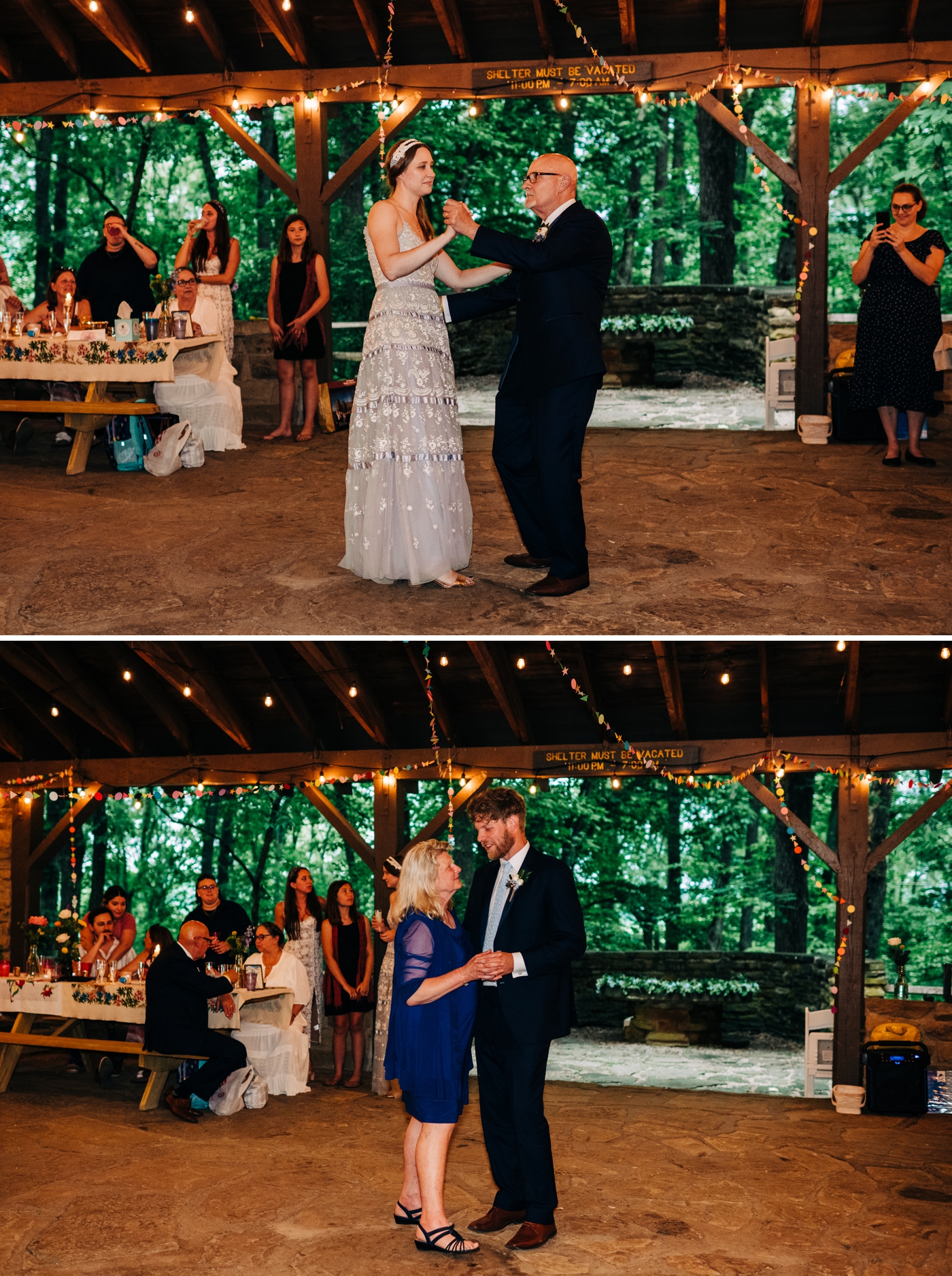 Parents dances at Rustic wedding decor for wedding at Brown County State Park
