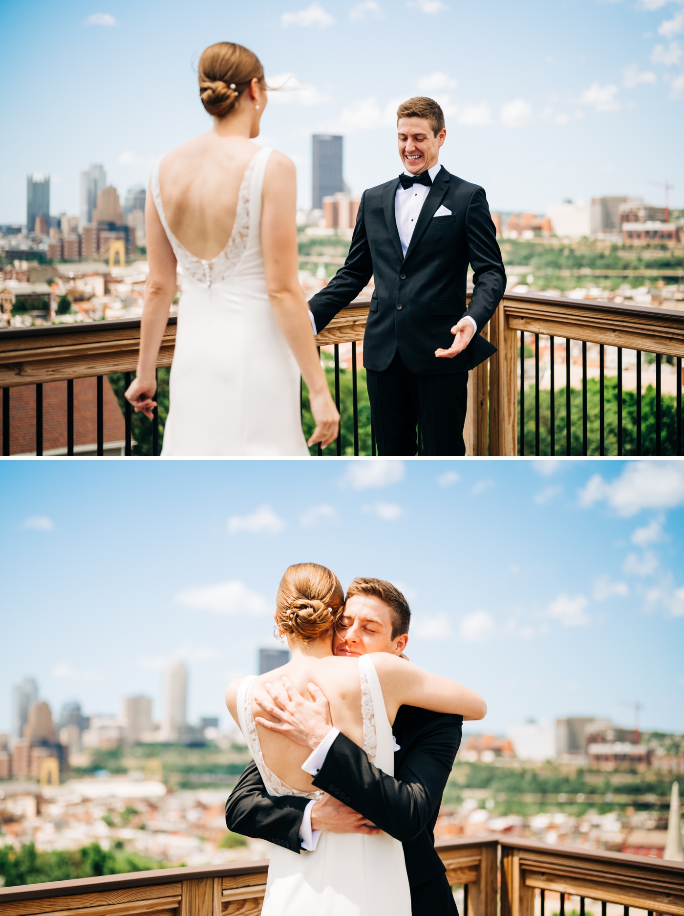 Bride and groom first look on the rooftop overlooking Pittsburg
