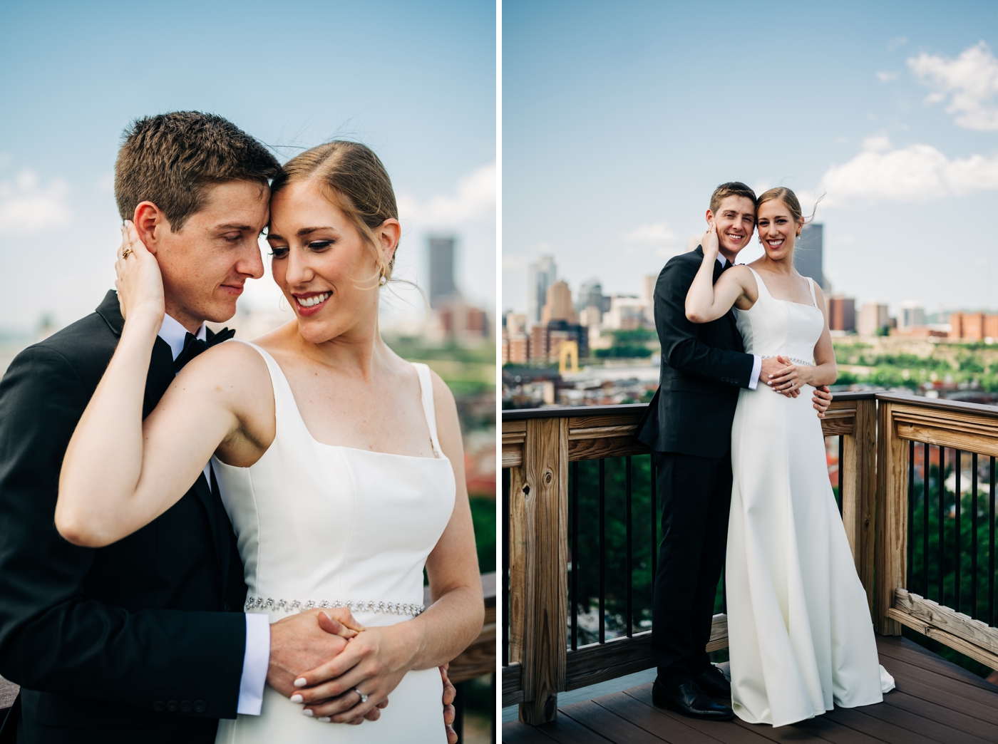 Bride and groom rooftop wedding portraits overlooking Pittsburg