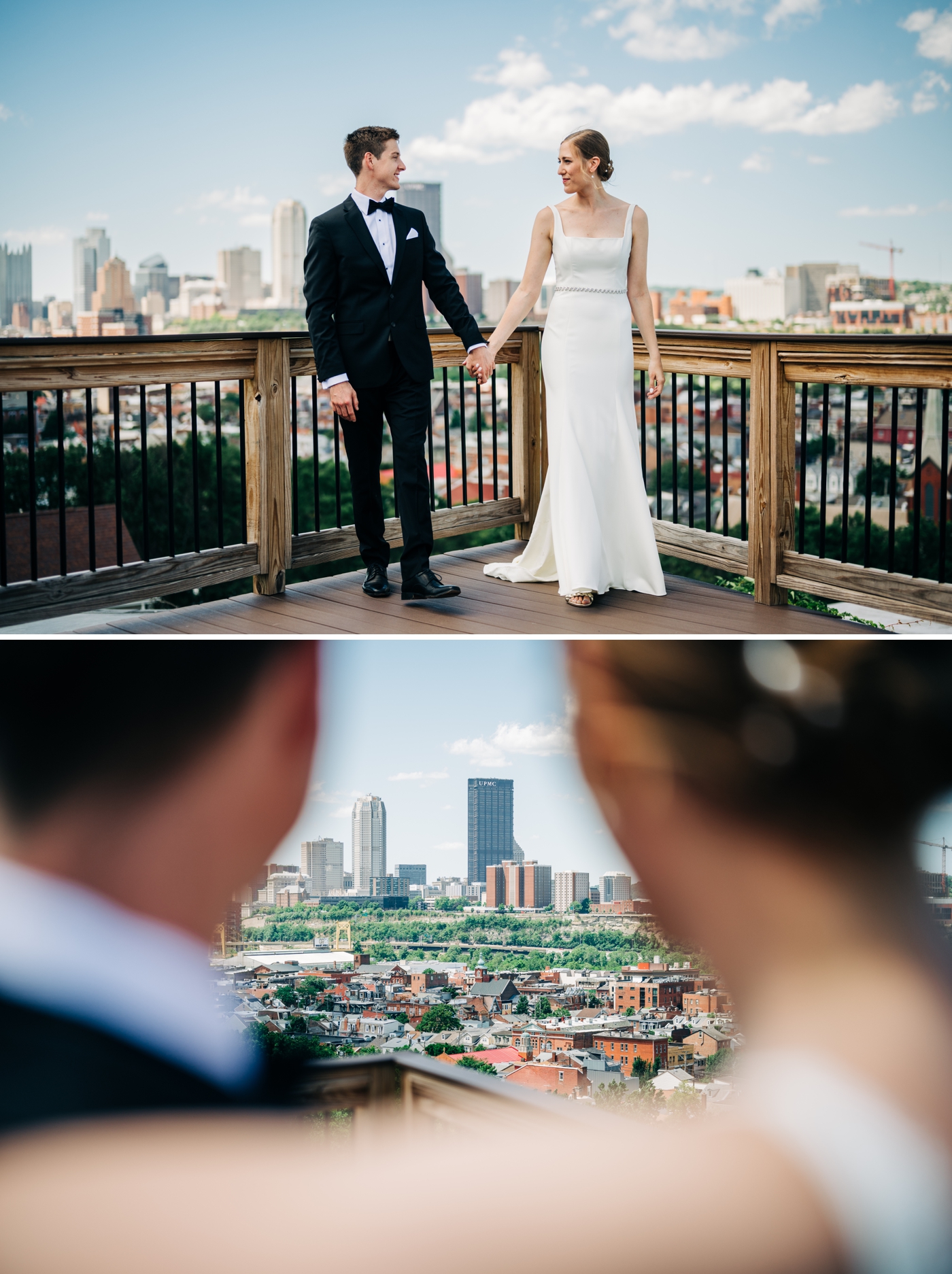 Bride and groom rooftop wedding portraits overlooking Pittsburg