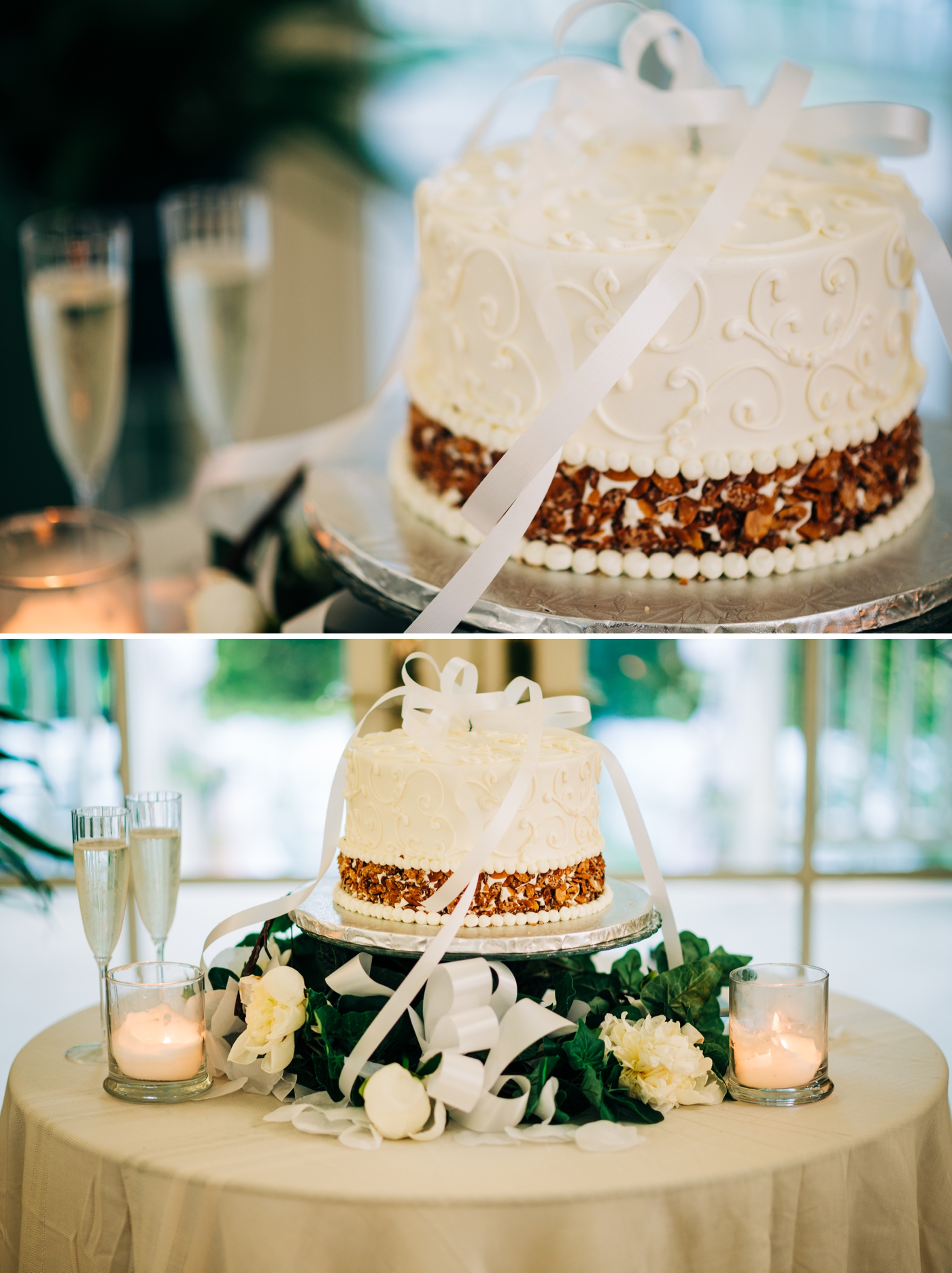 White wedding cake with almond detail band