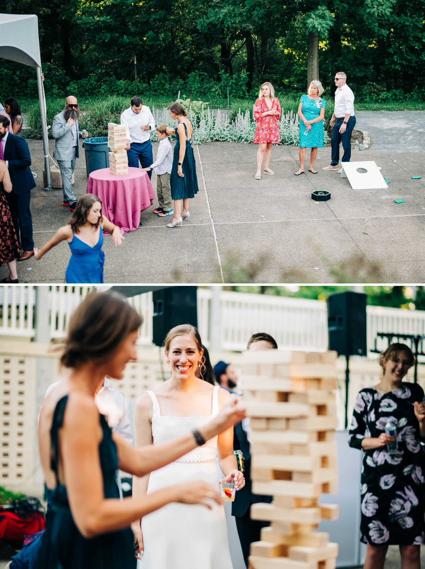 Bride and wedding guests playing lawn games during wedding reception at the Chapel Shelter