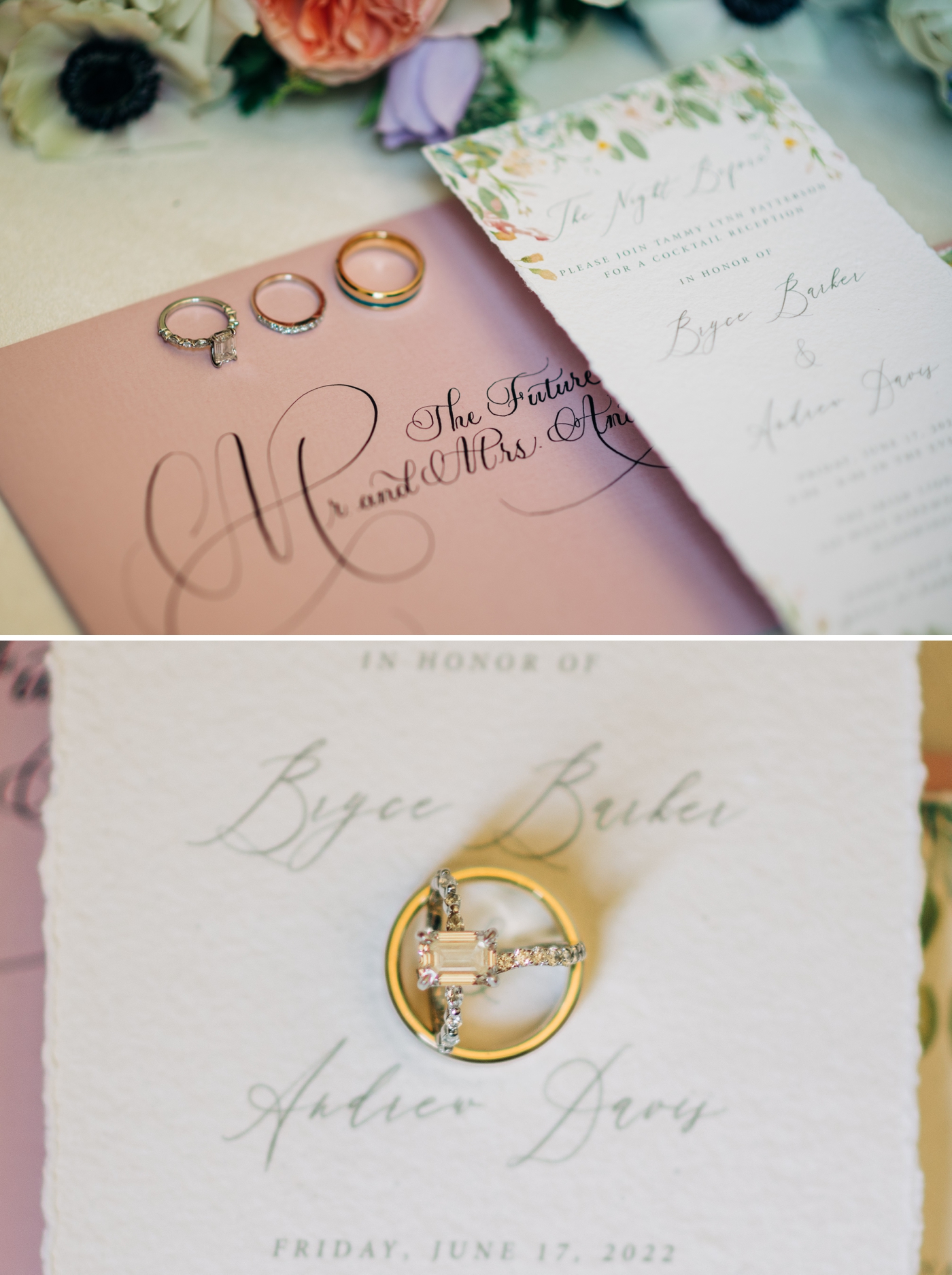 Blush and ivory wedding stationary with bride and groom wedding rings