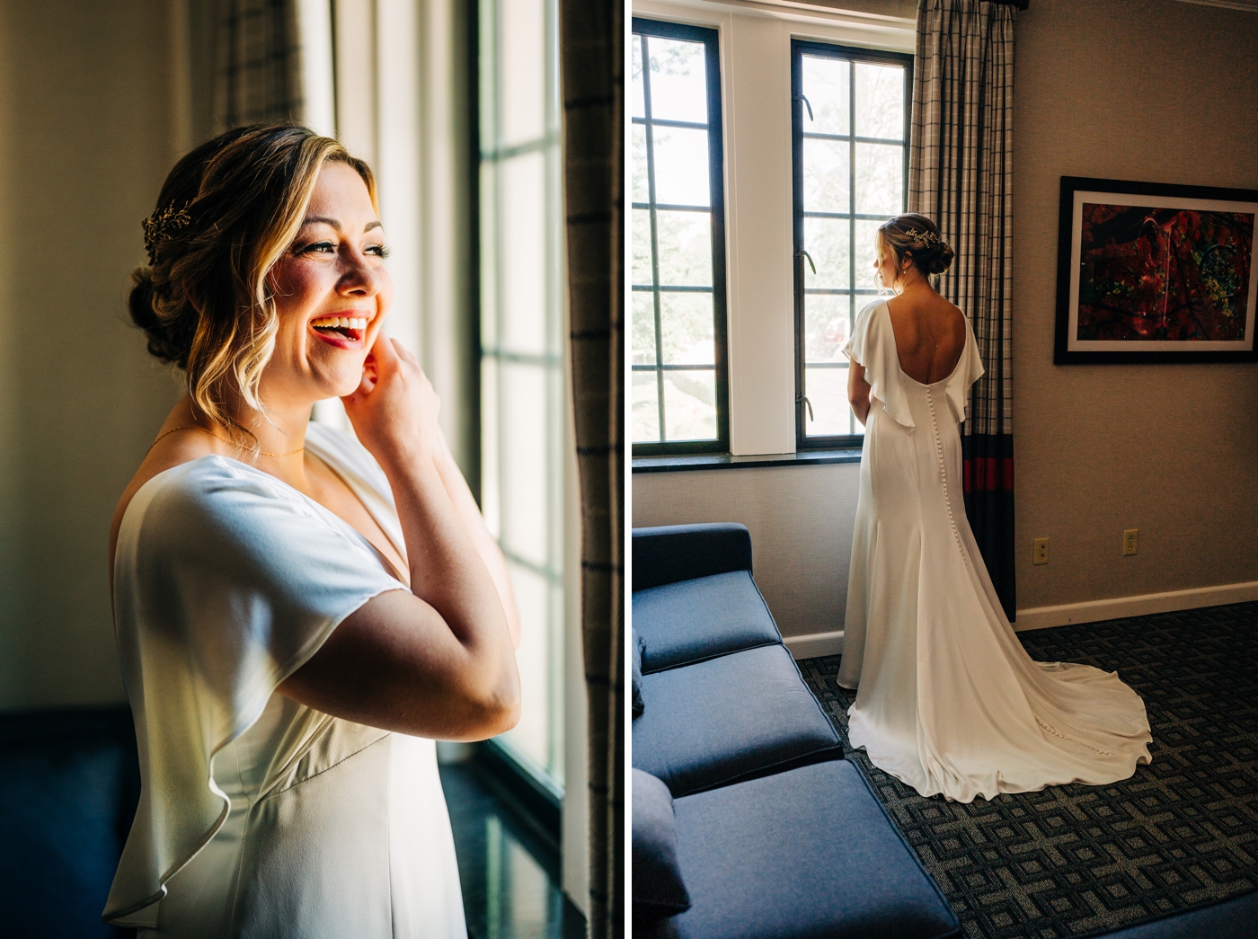Bride wearing flutter sleeve BHLDN gown with photography by Mika LH Photography