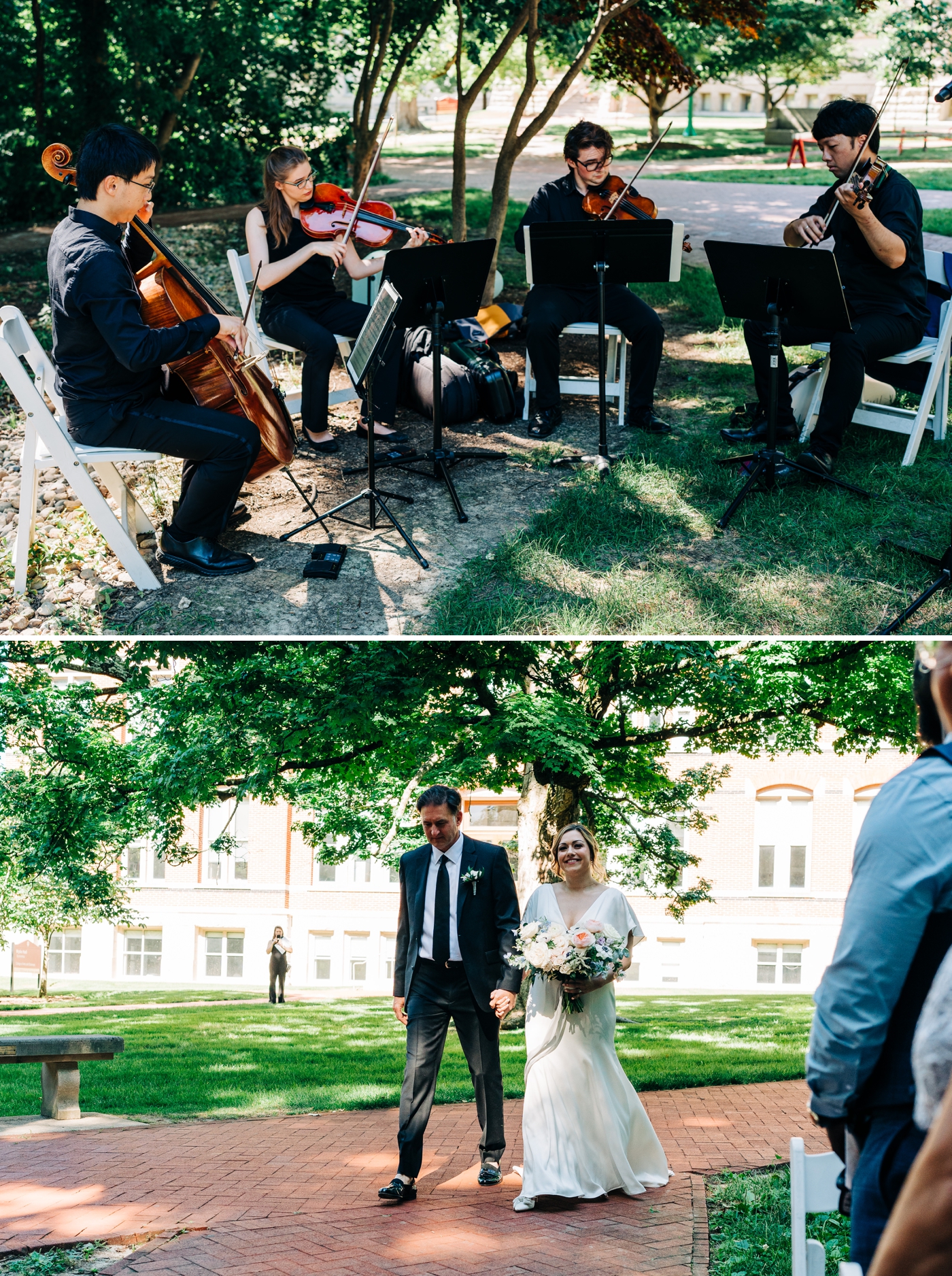 Outdoor wedding ceremony with live musicians as father walks the bride down the aisle