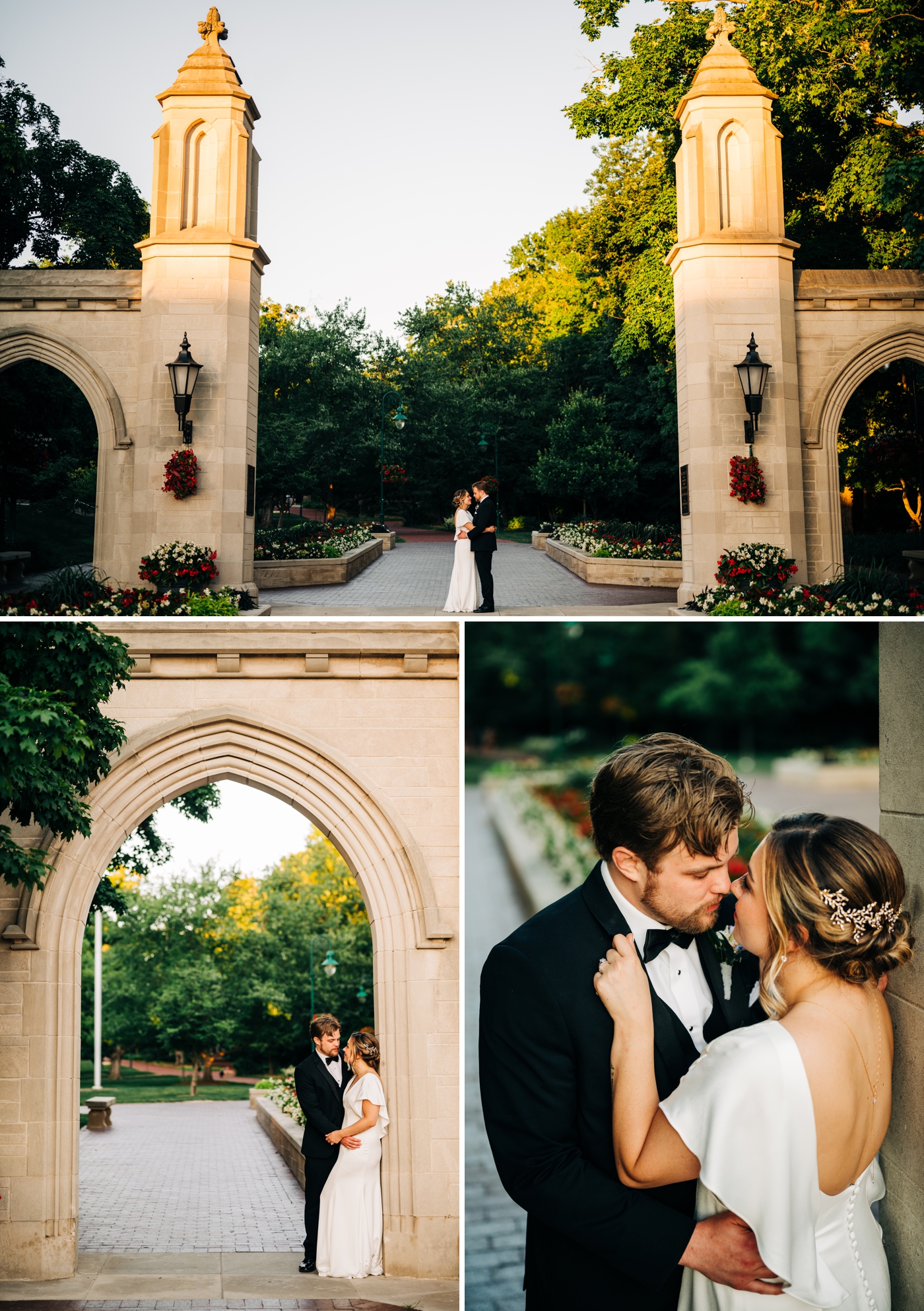 Bride and groom wedding portraits around Indiana University Bloomington