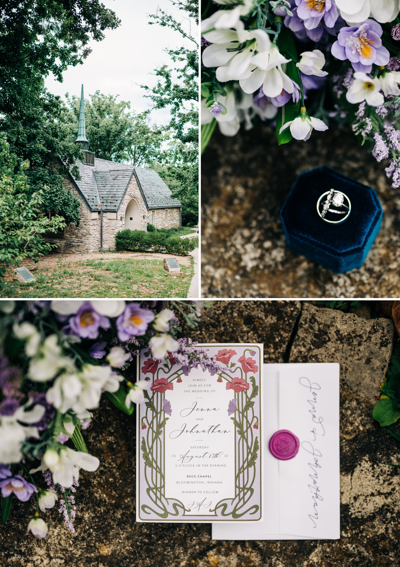 Turquoise ring box and lavender wedding invitations for a wedding at beck chapel