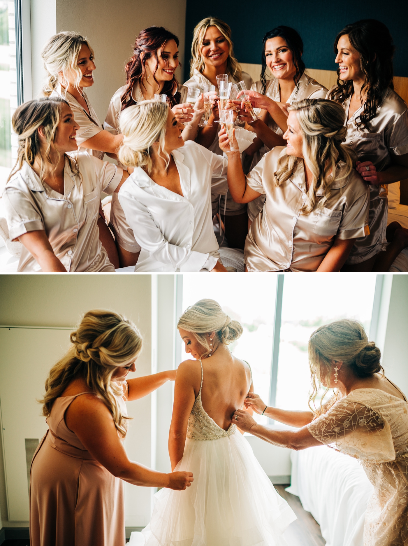 Bride getting ready with bridesmaids at Hyatt Place