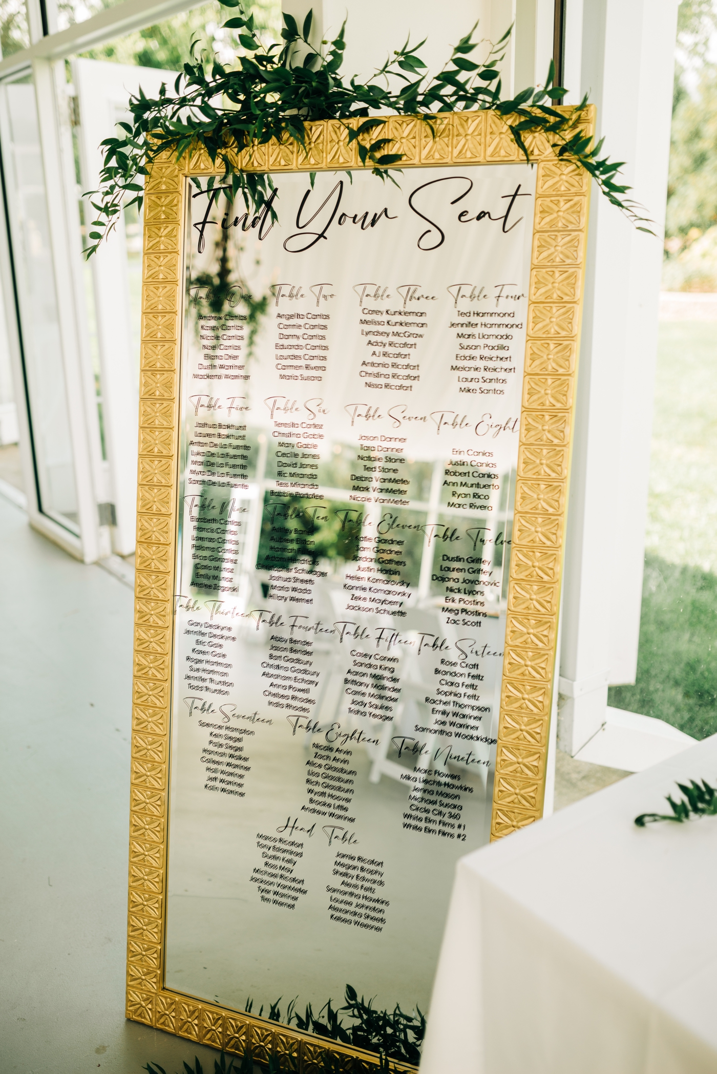 Gold wedding seating chart for wedding at the Ritz Charles