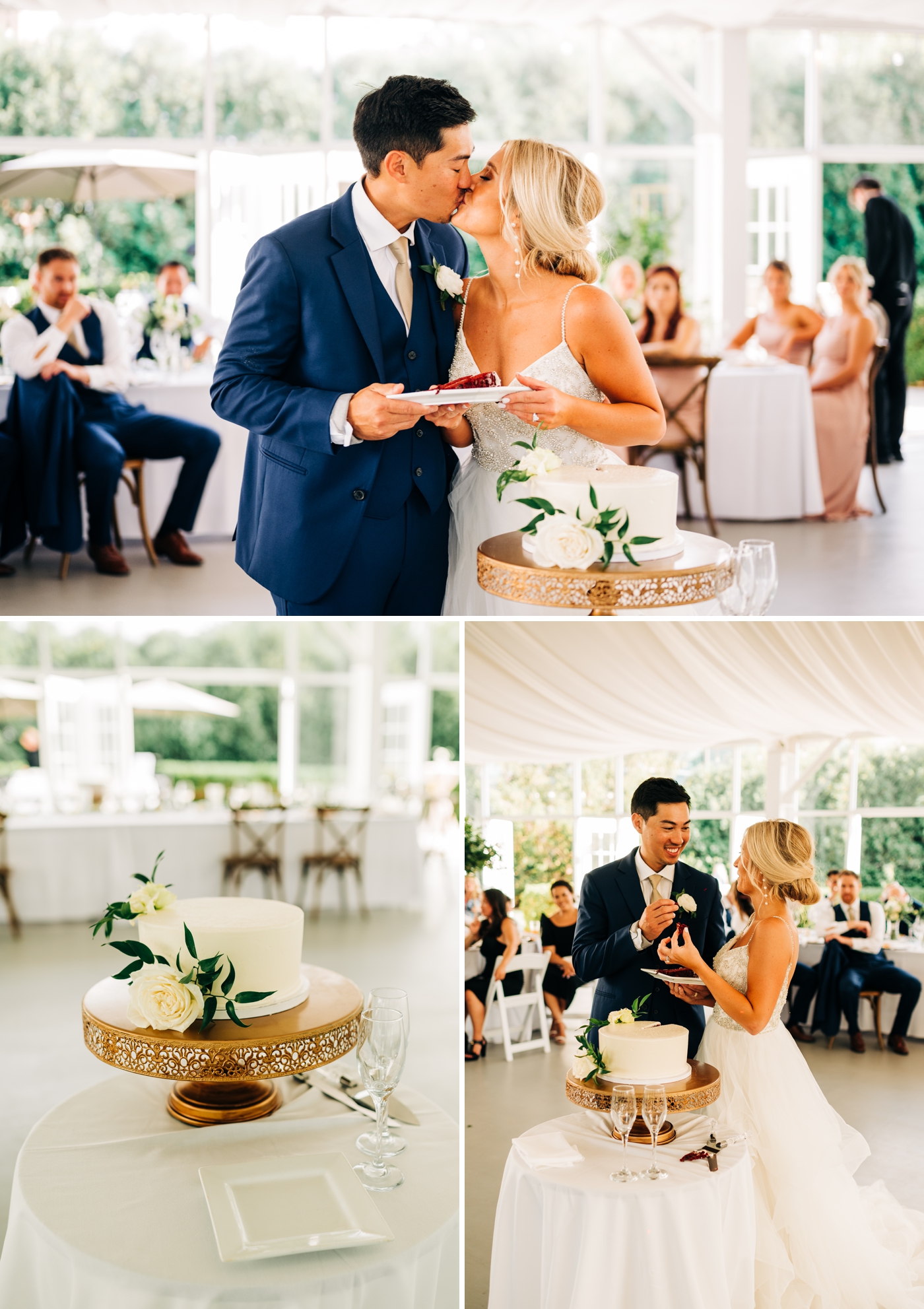 Bride and groom cutting the cake at their reception at the Garden Pavilion