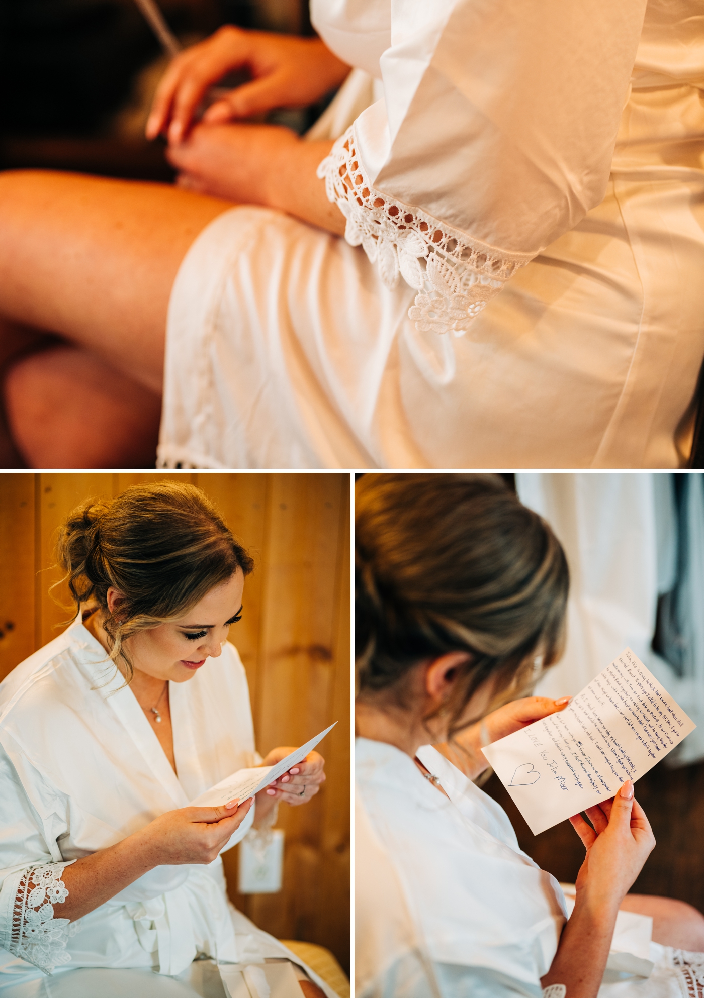 Bride getting ready for backyard wedding reading note from groom