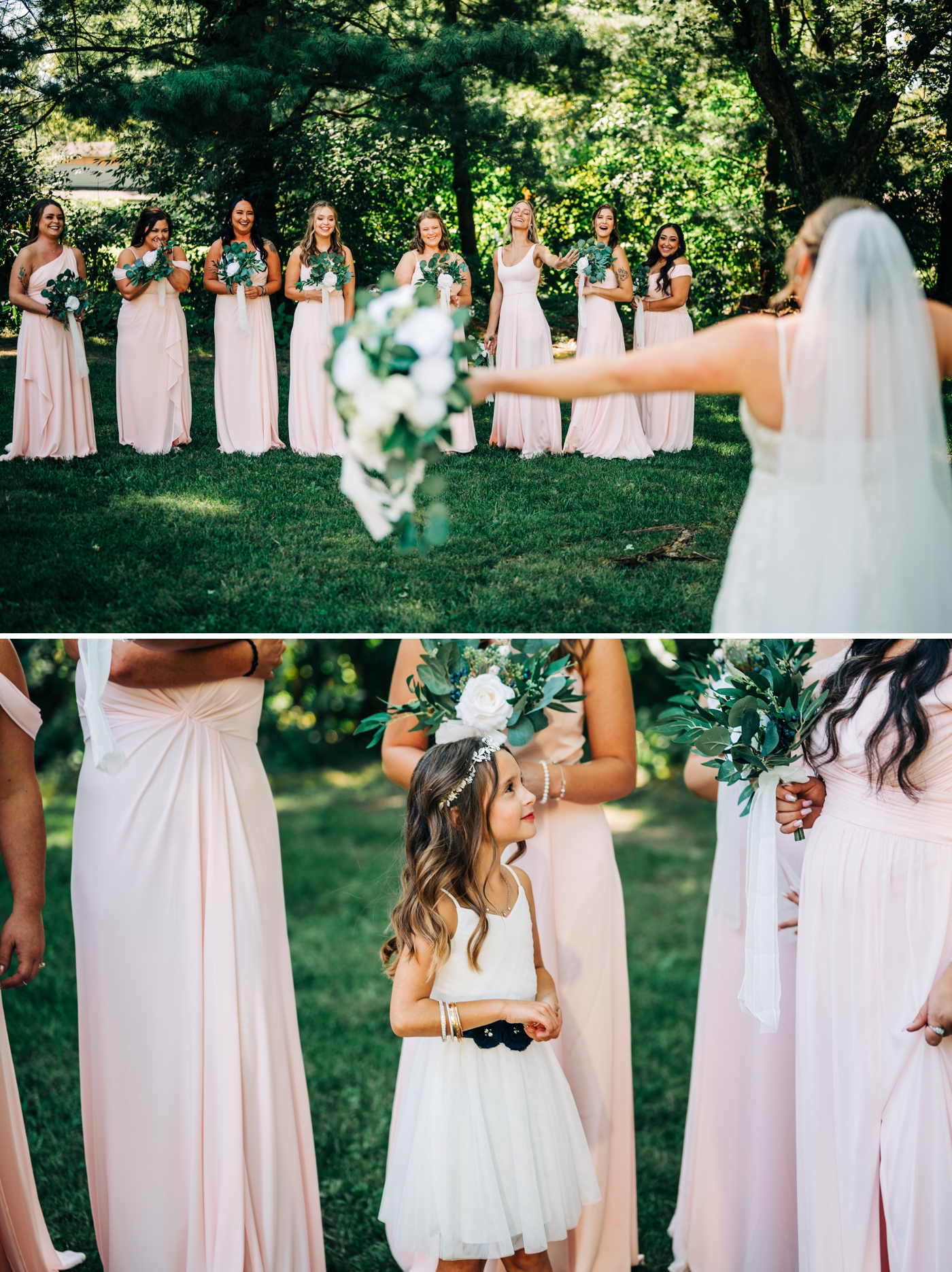Brides first look with her bridesmaids wearing blush gowns