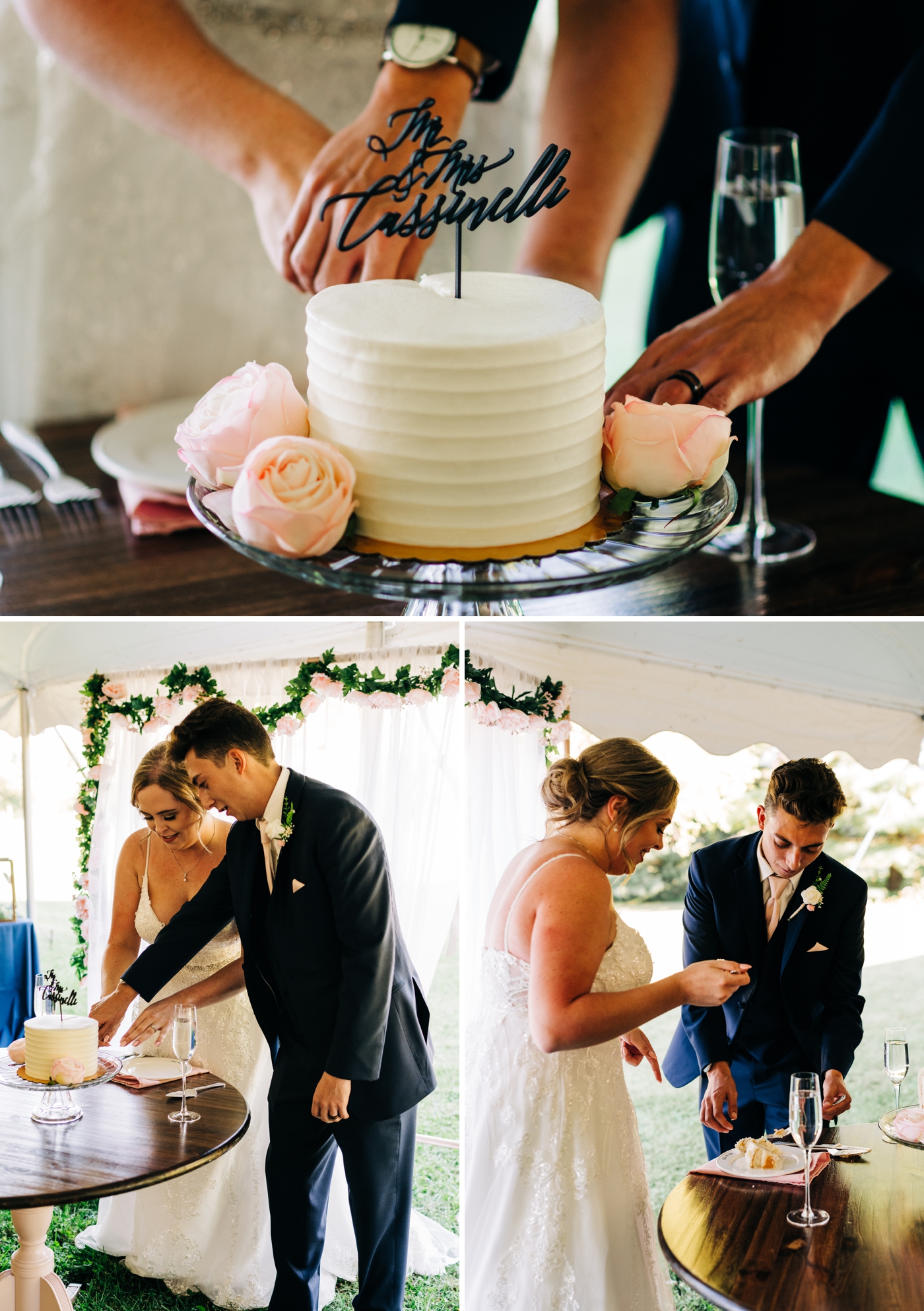 Bride and groom cutting cake during backyard wedding reception 
