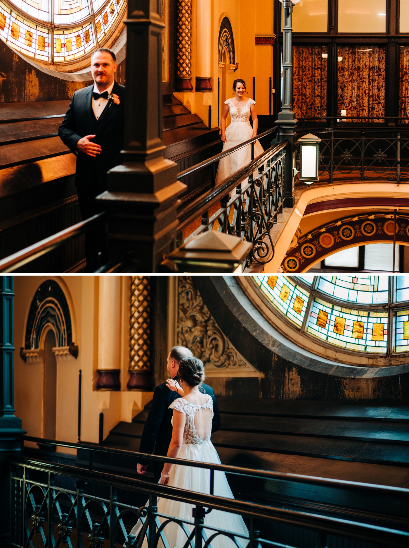 Bride and groom first look at Union Station in Indiana 