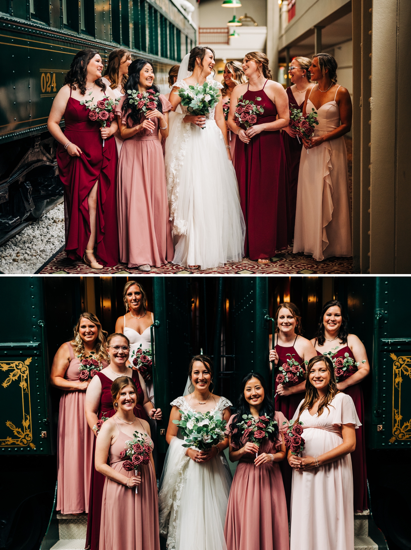 Blush and maroon bridesmaids dresses for wedding at Union Station