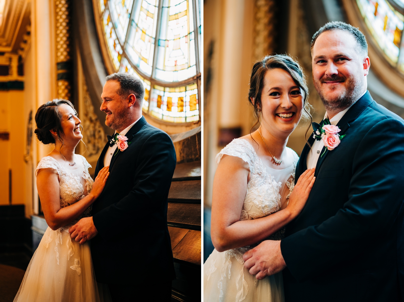 Bride and groom portraits in front of stained glass window at Union Station