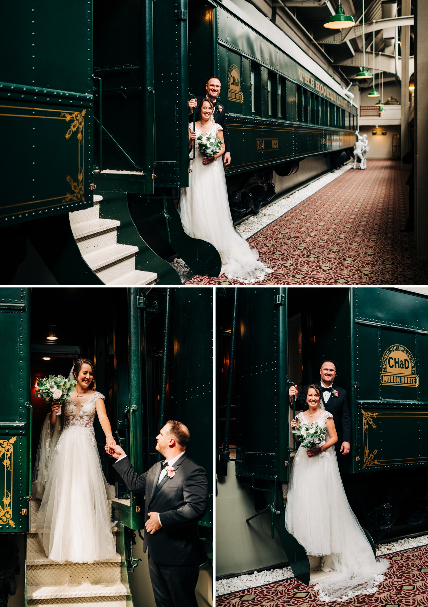 Vintage train photos with bride and groom at Union Station
