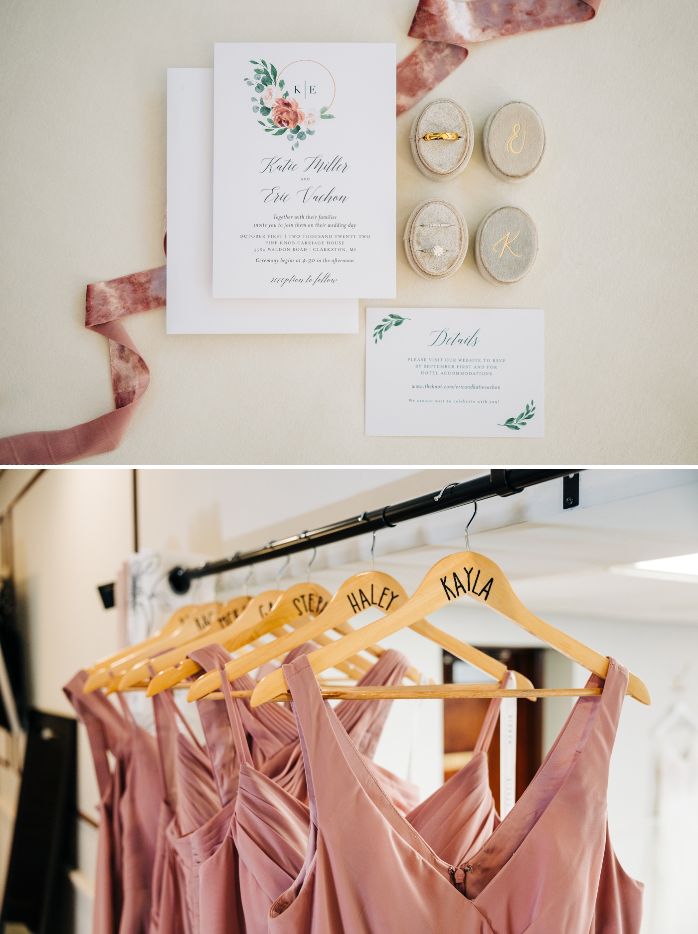 Wedding stationary and blush bridesmaids gowns