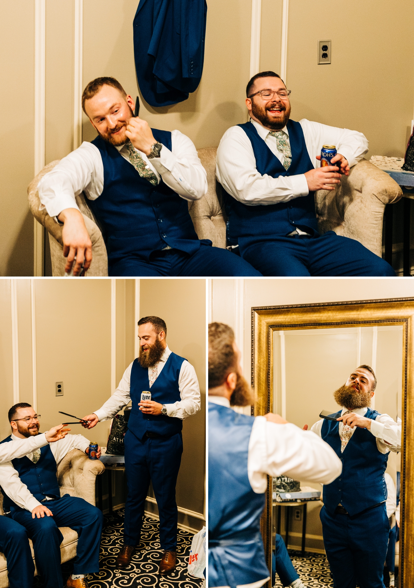 Groom getting ready with groomsmen at Pine Knob Carriage House