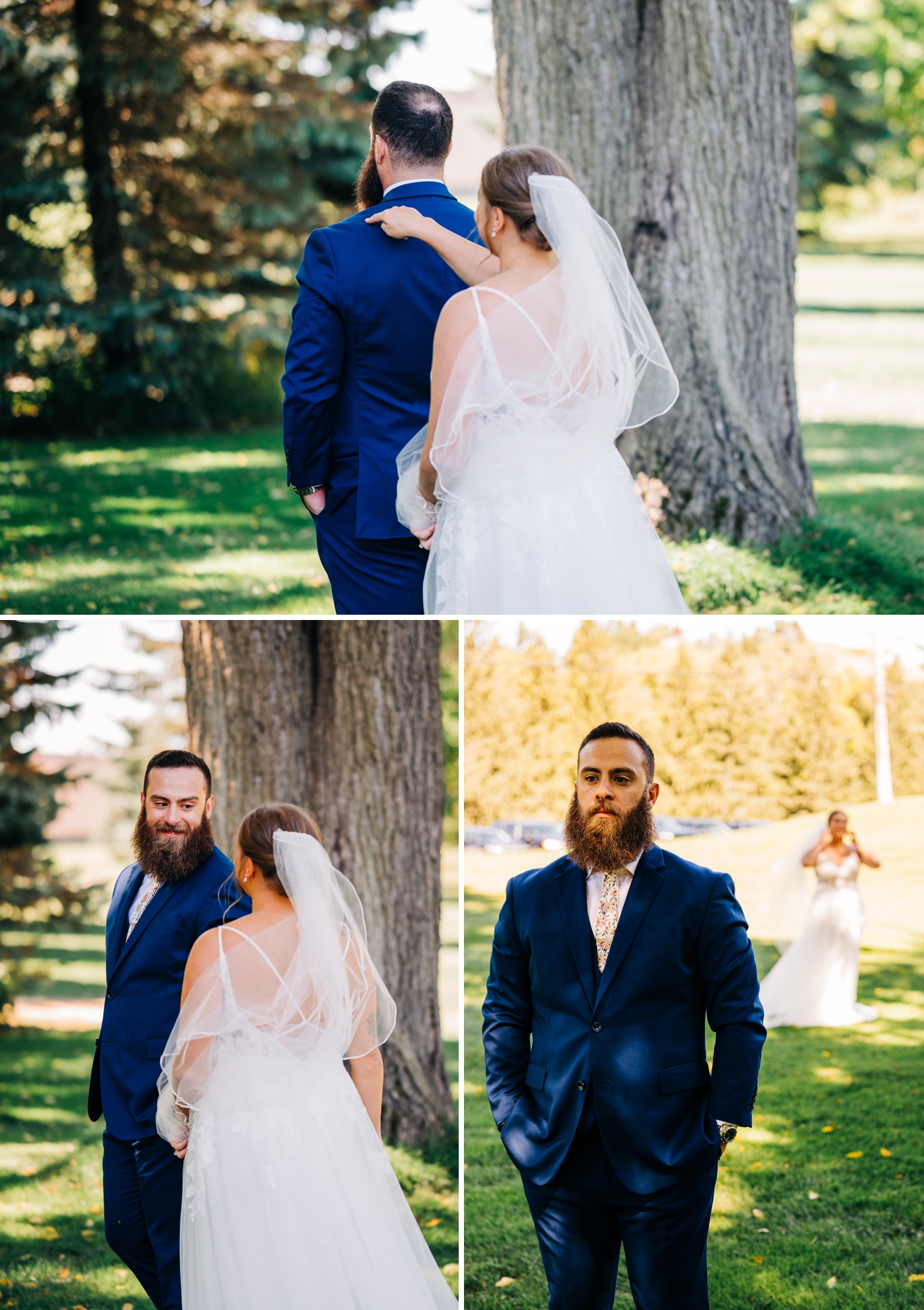 Bride and groom first look photos at Pine Knob Carriage House