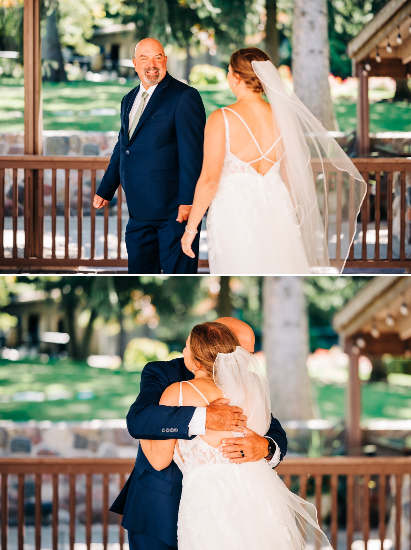Bride and father of the bride first look photos at Pine Knob Carriage House