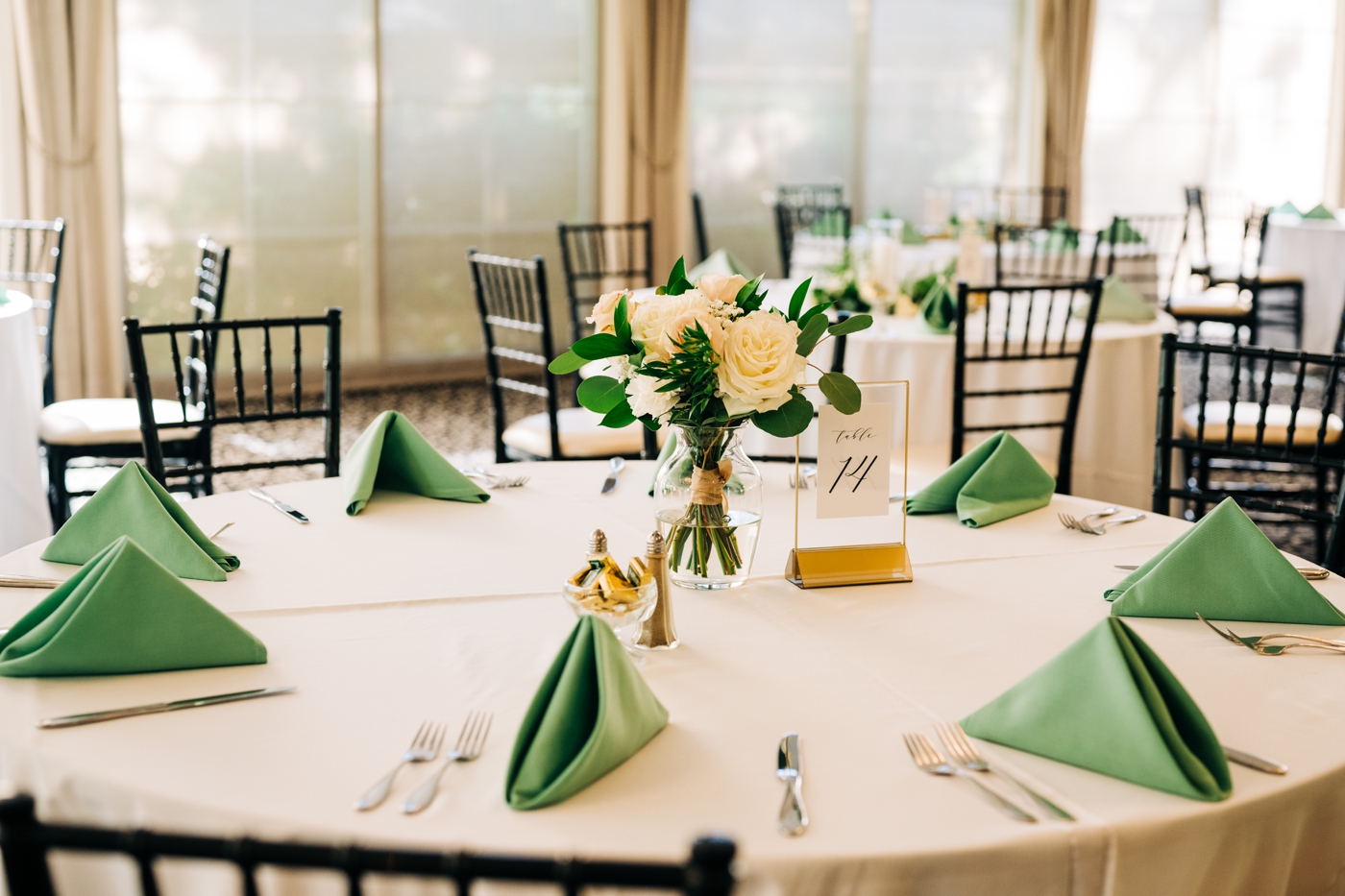 Green and gold wedding reception details at Pine Knob Carriage House