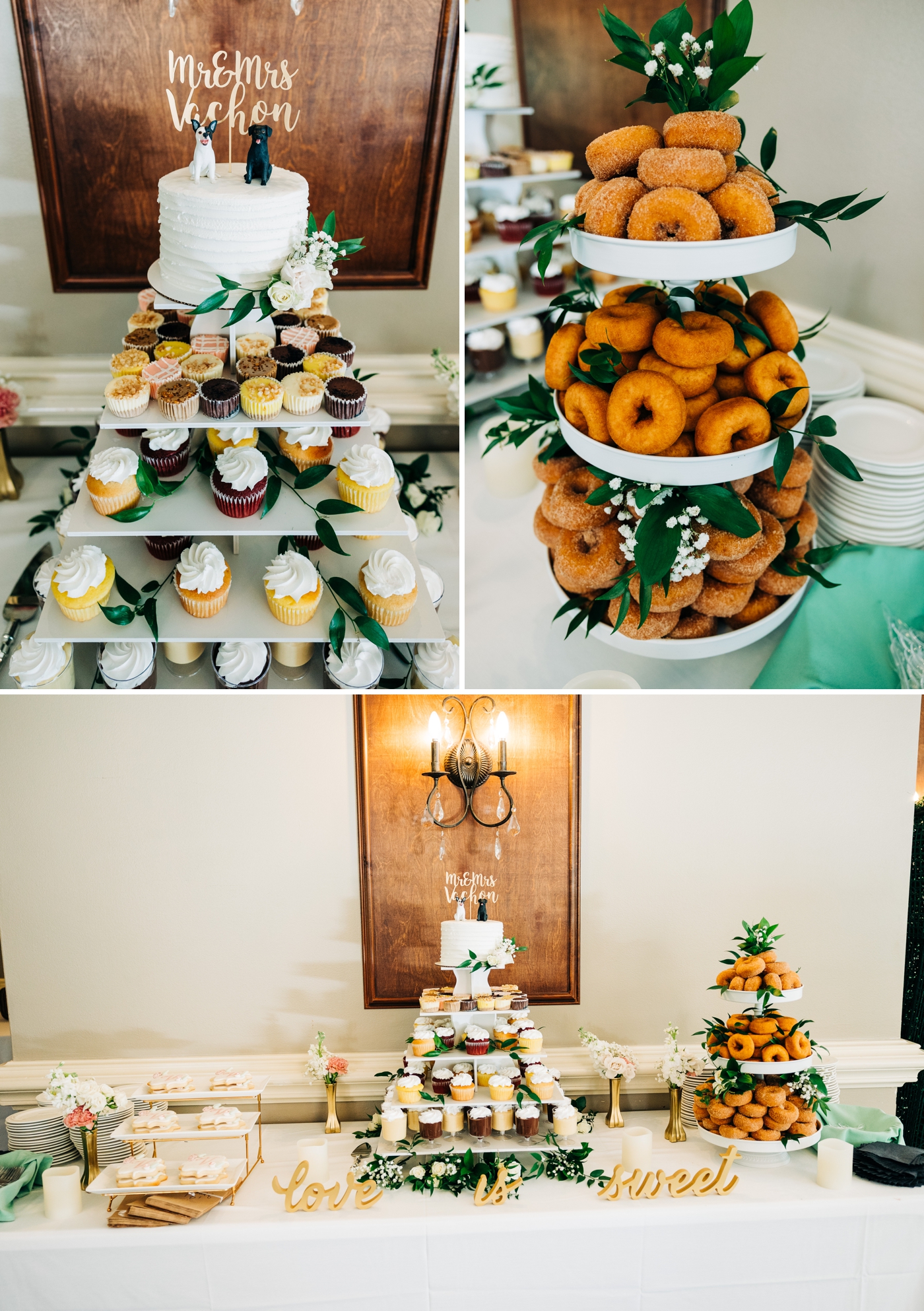 Dessert and cake table at wedding reception at Pine Knob Carriage House