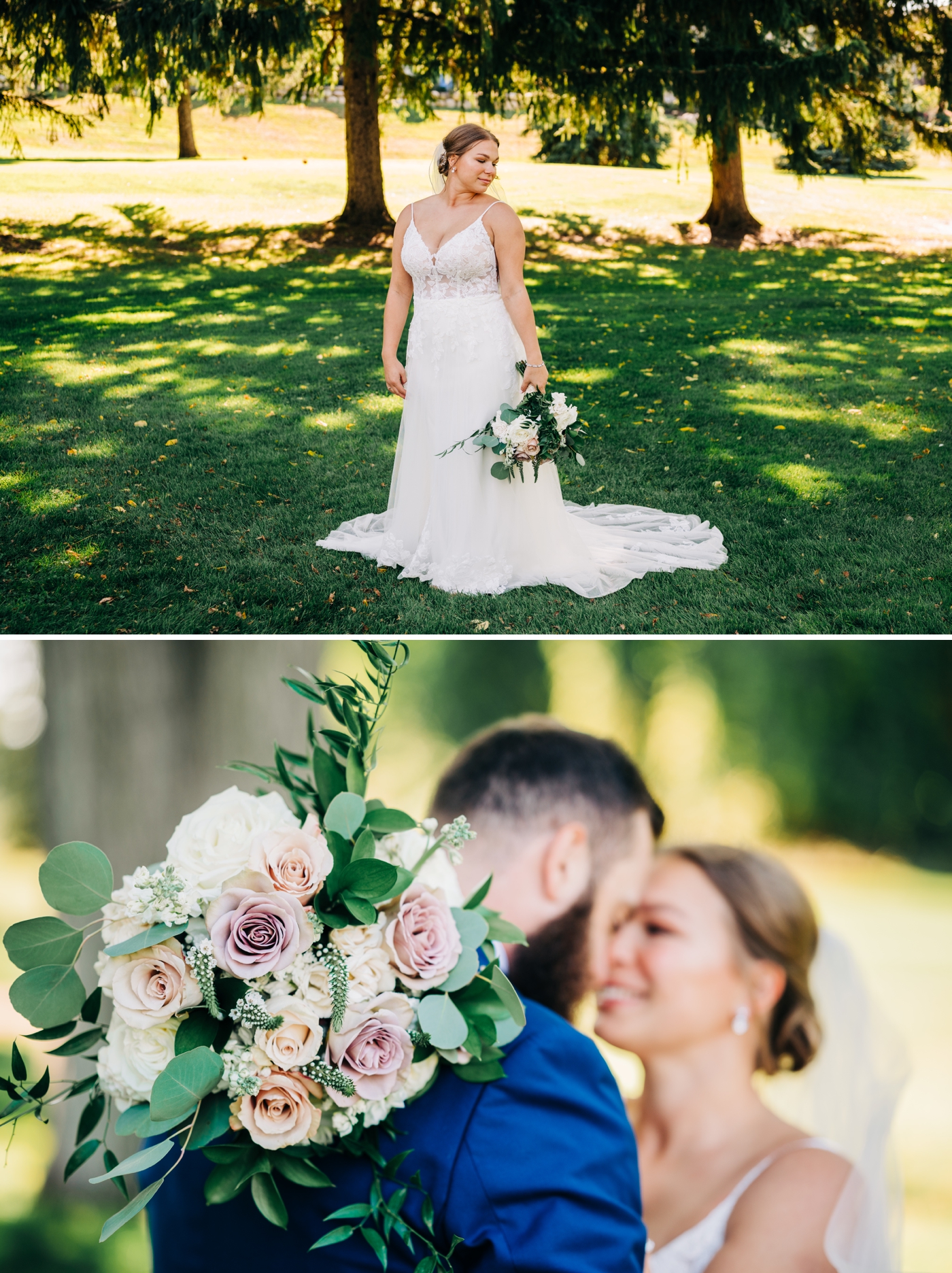 Bridal portrait with bride holding white and blush wedding bouquet