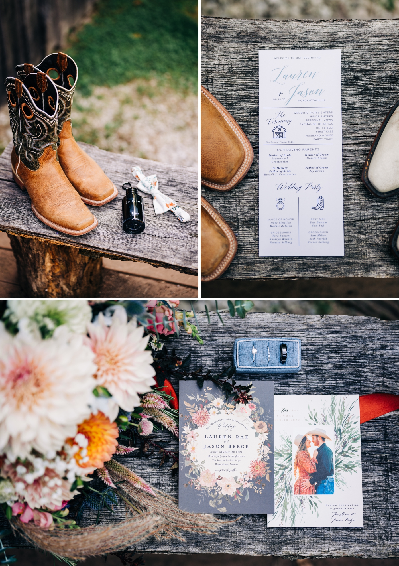 Rustic wedding day invitations and details for wedding in Indiana