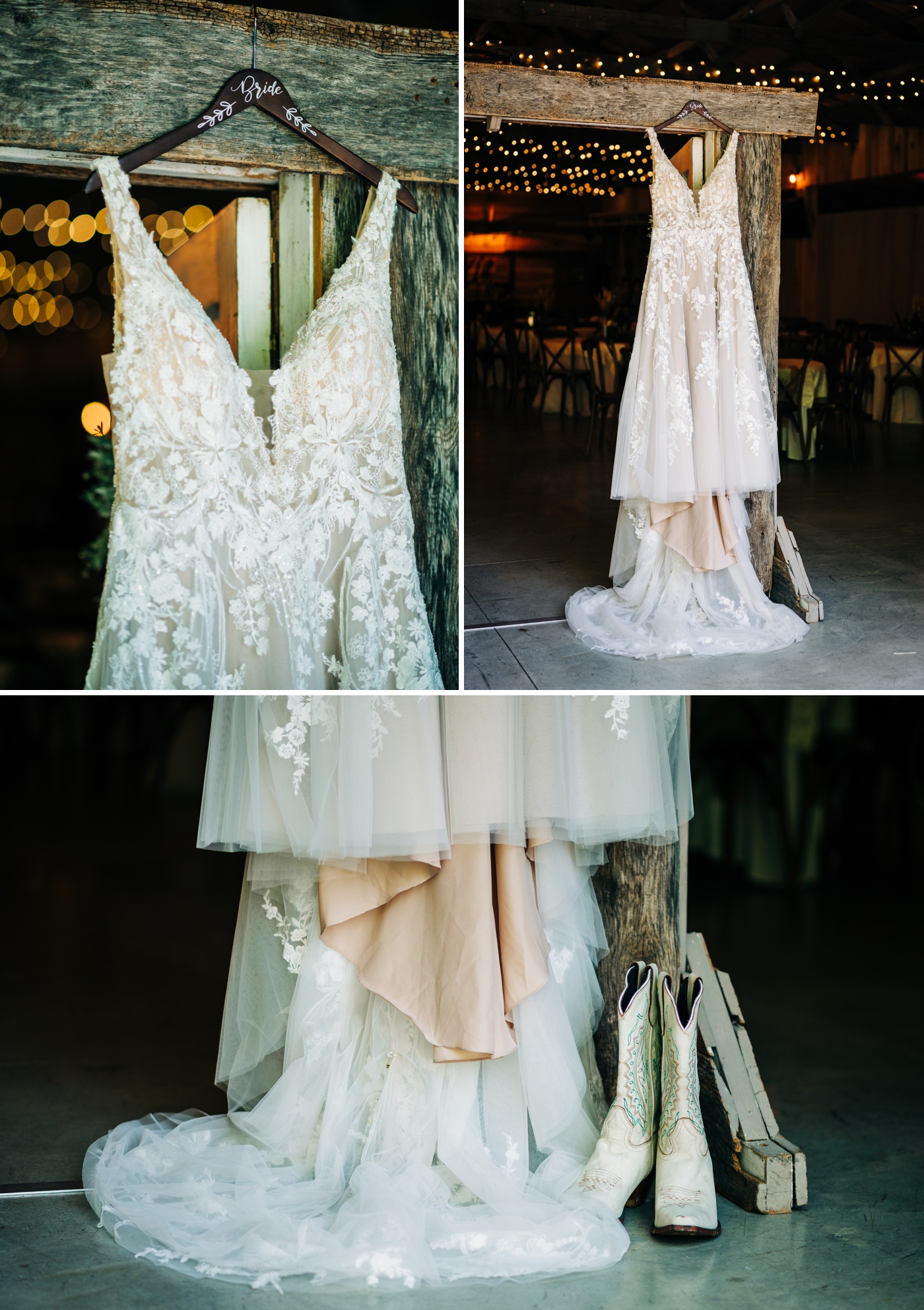 A-line wedding dress with lace details and boots for rustic wedding