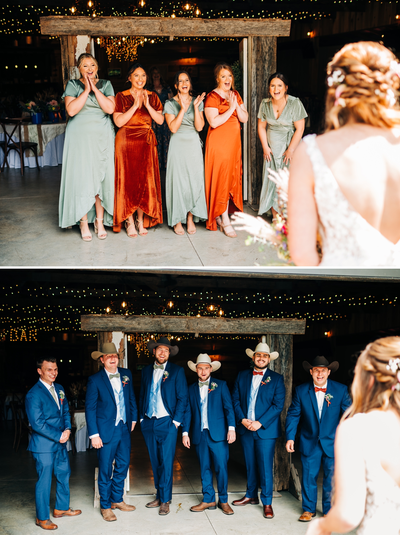 Bride doing first look with bridesmaids and groomsmen