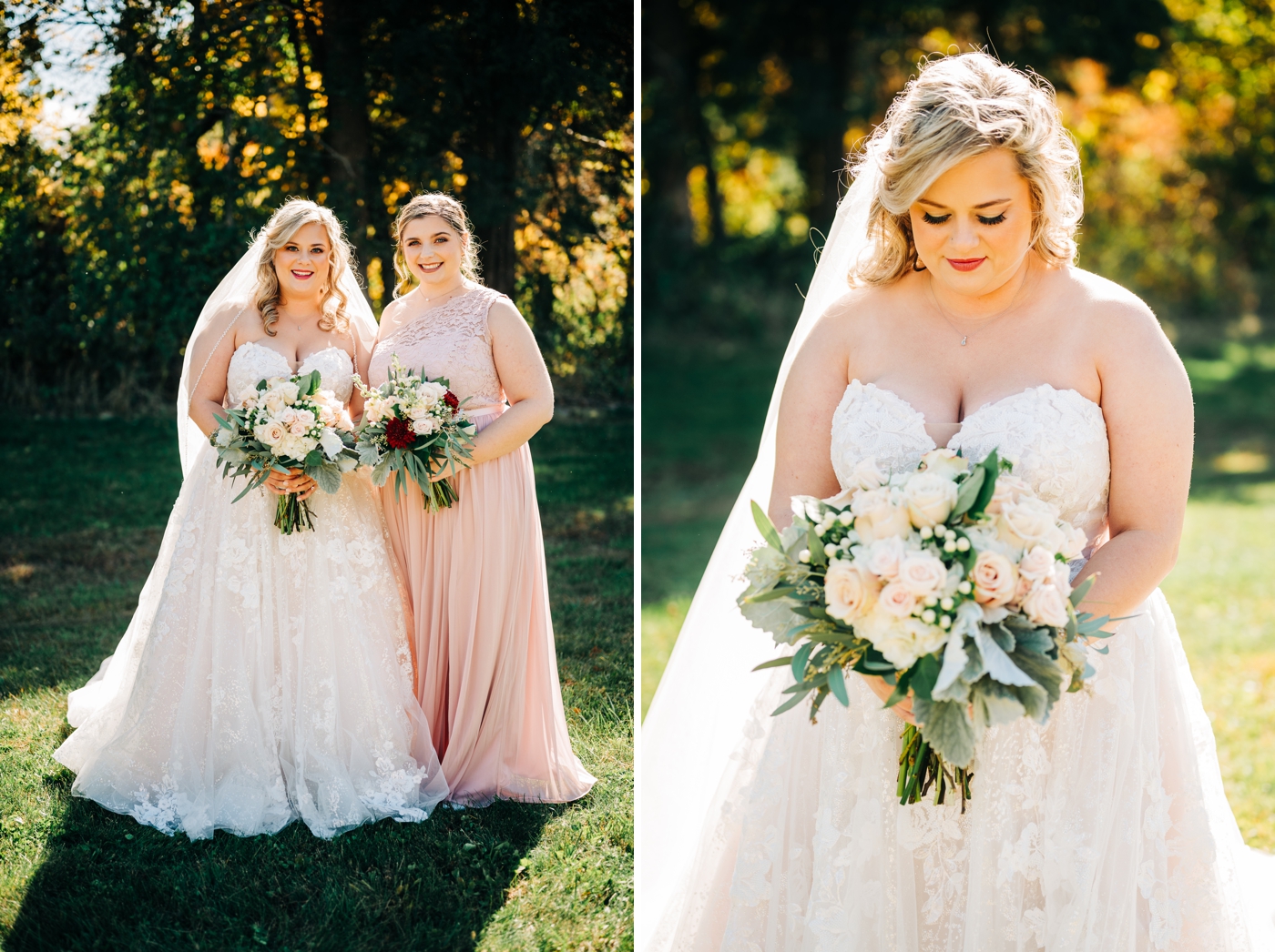 Bride and her bridesmaids who are wearing blush gowns from davids bridal